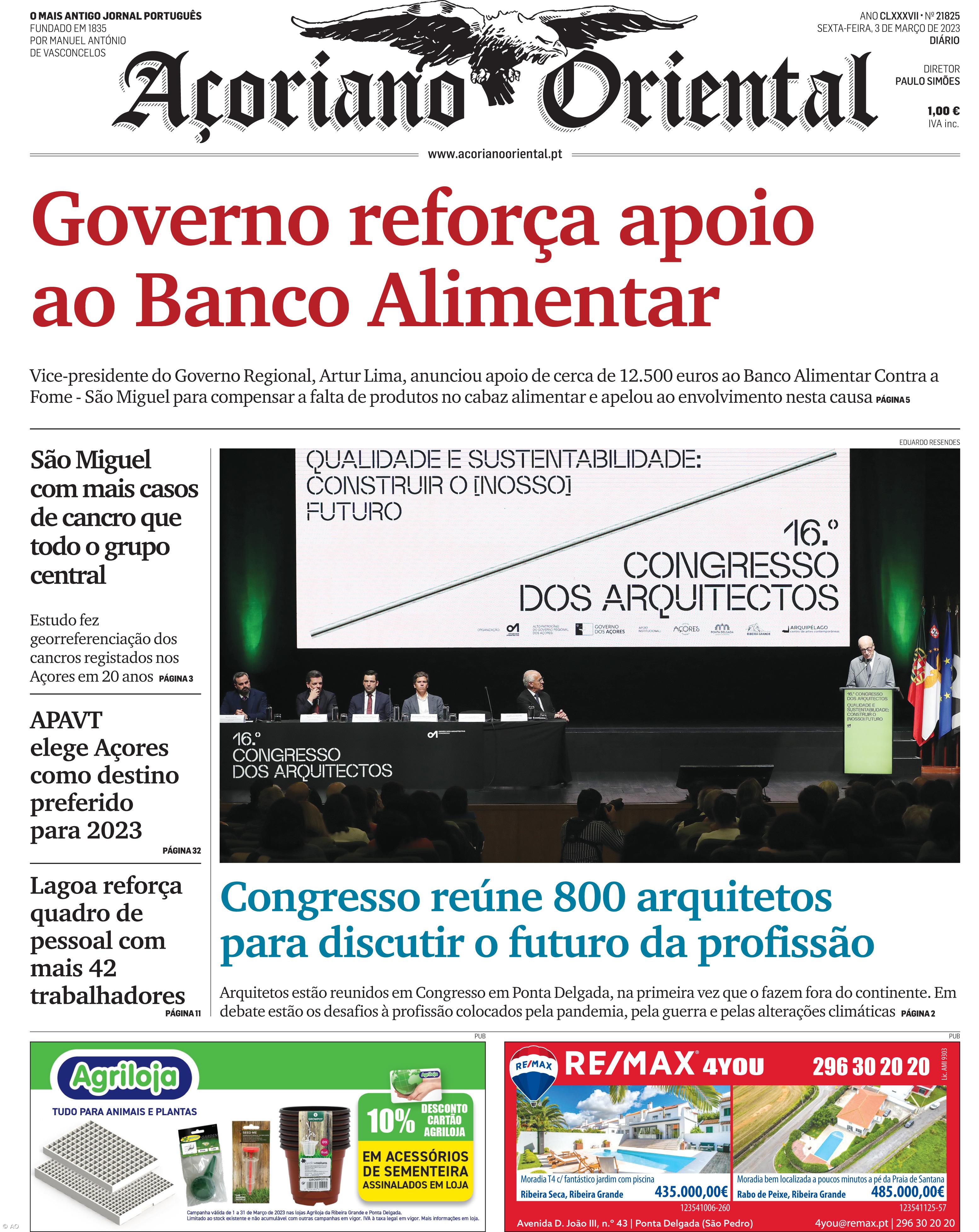 "Governo reforça apoio ao Banco Alimentar" é a manchete do Açoriano Oriental – Imagem 1