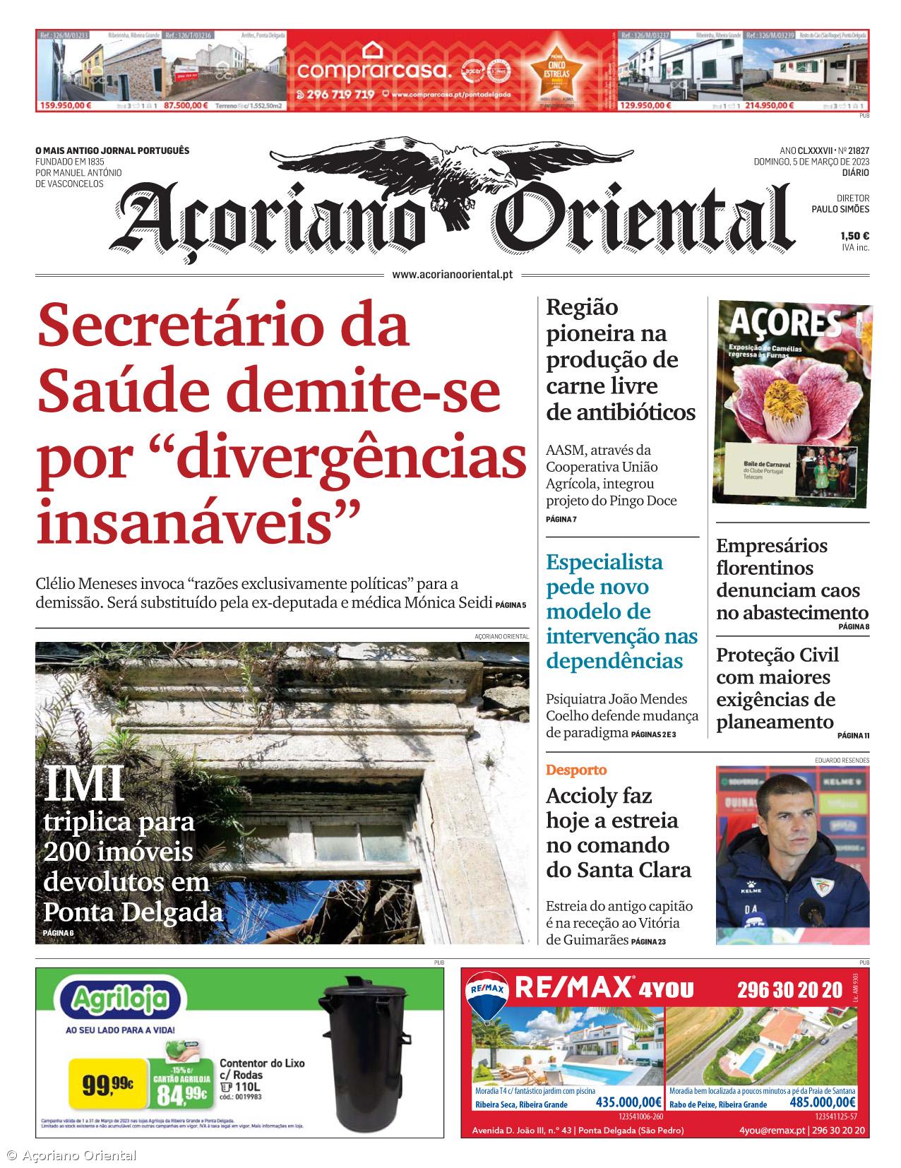 "Secretário da Saúde demite-se por 'divergências insanáveis'" é a manchete do Açoriano Oriental – Imagem 1