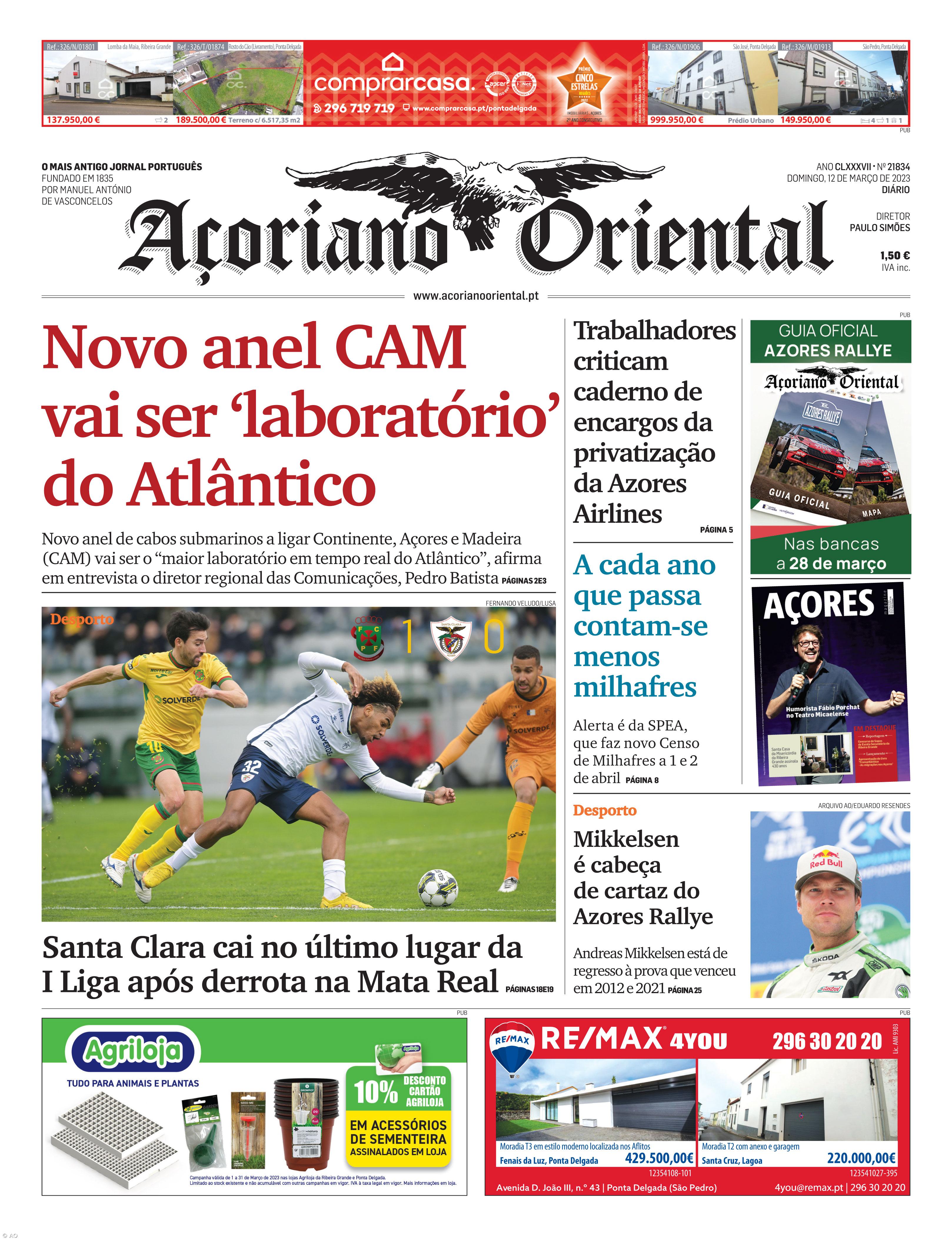 "Novo anel CAM vai ser 'laboratório' do Atlântico" é a manchete do Açoriano Oriental – Imagem 1