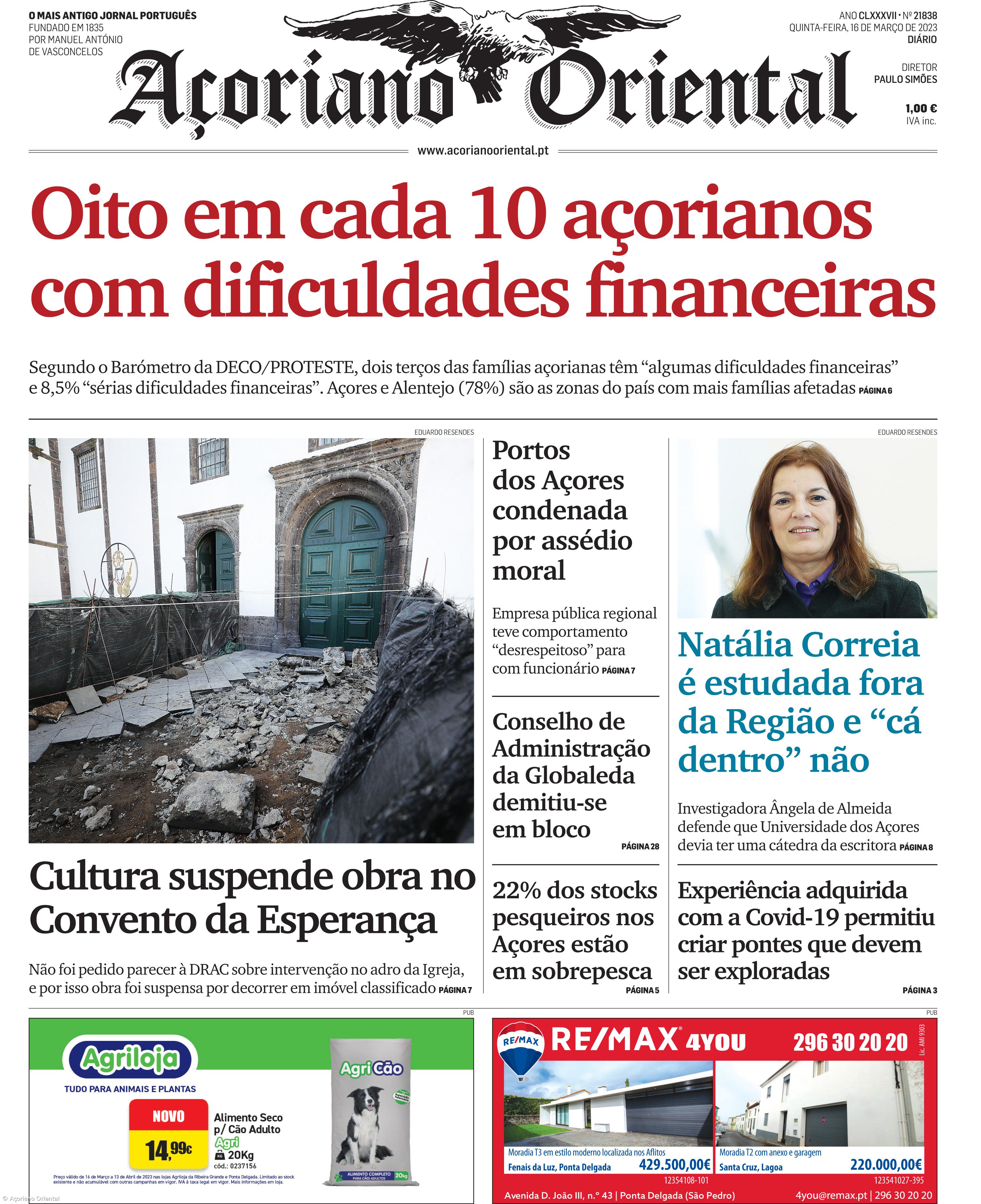 "Oito em cada 10 açorianos com dificuldades financeiras" é a manchete do Açoriano Oriental – Imagem 1