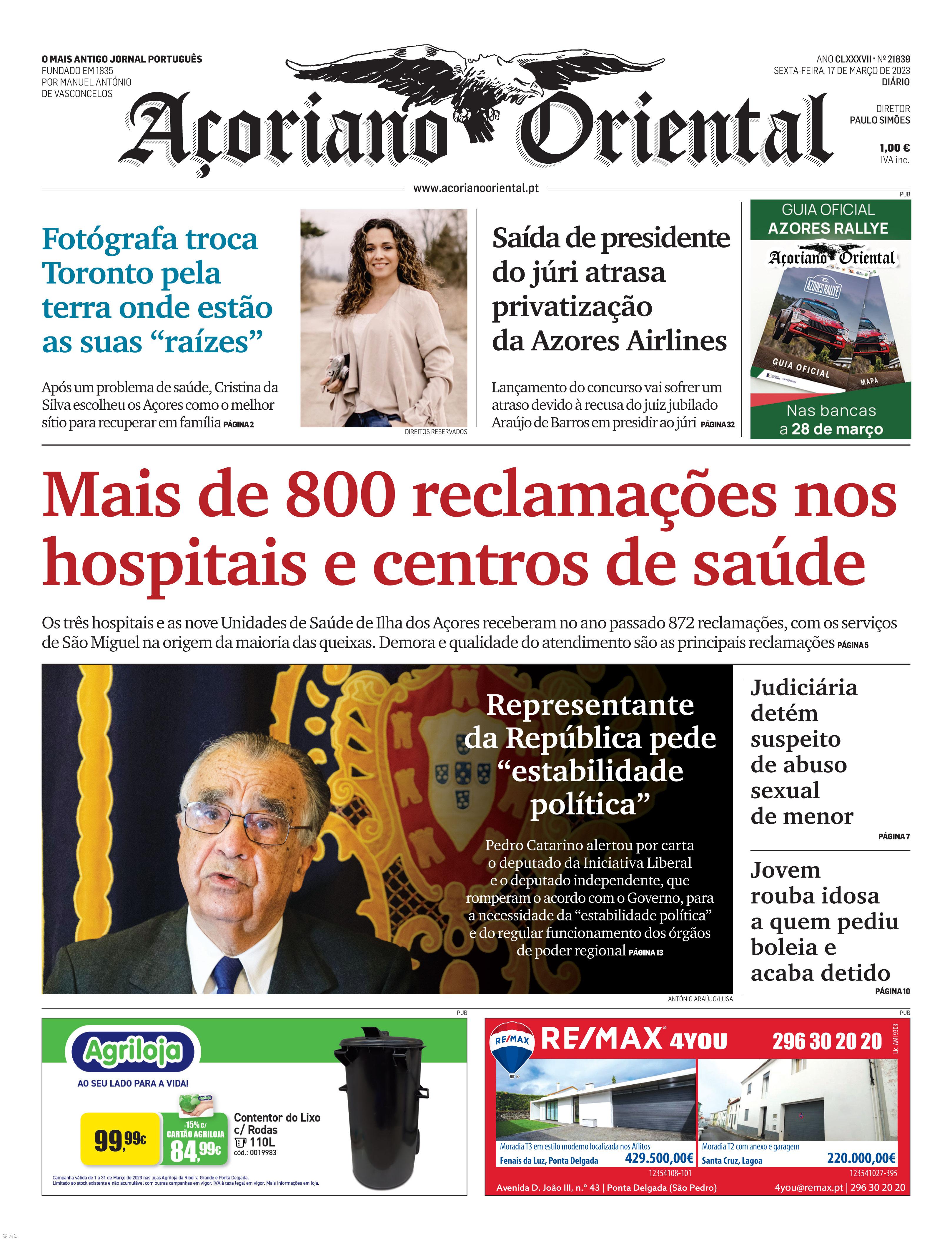 "Mais de 800 reclamações nos hospitais e centros de saúde" é a manchete do Açoriano Oriental – Imagem 1