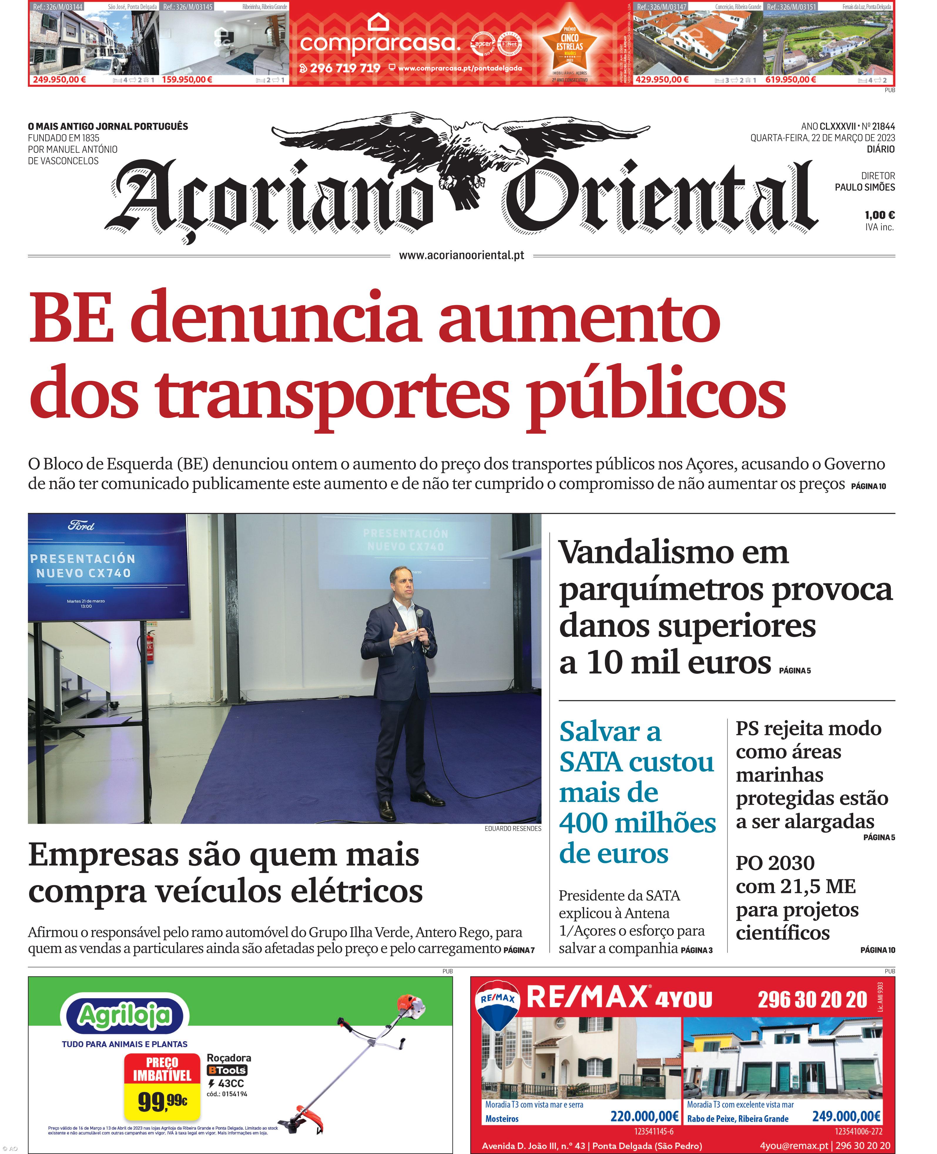 "BE denuncia aumento dos transportes públicos" é a manchete do Açoriano Oriental – Imagem 1