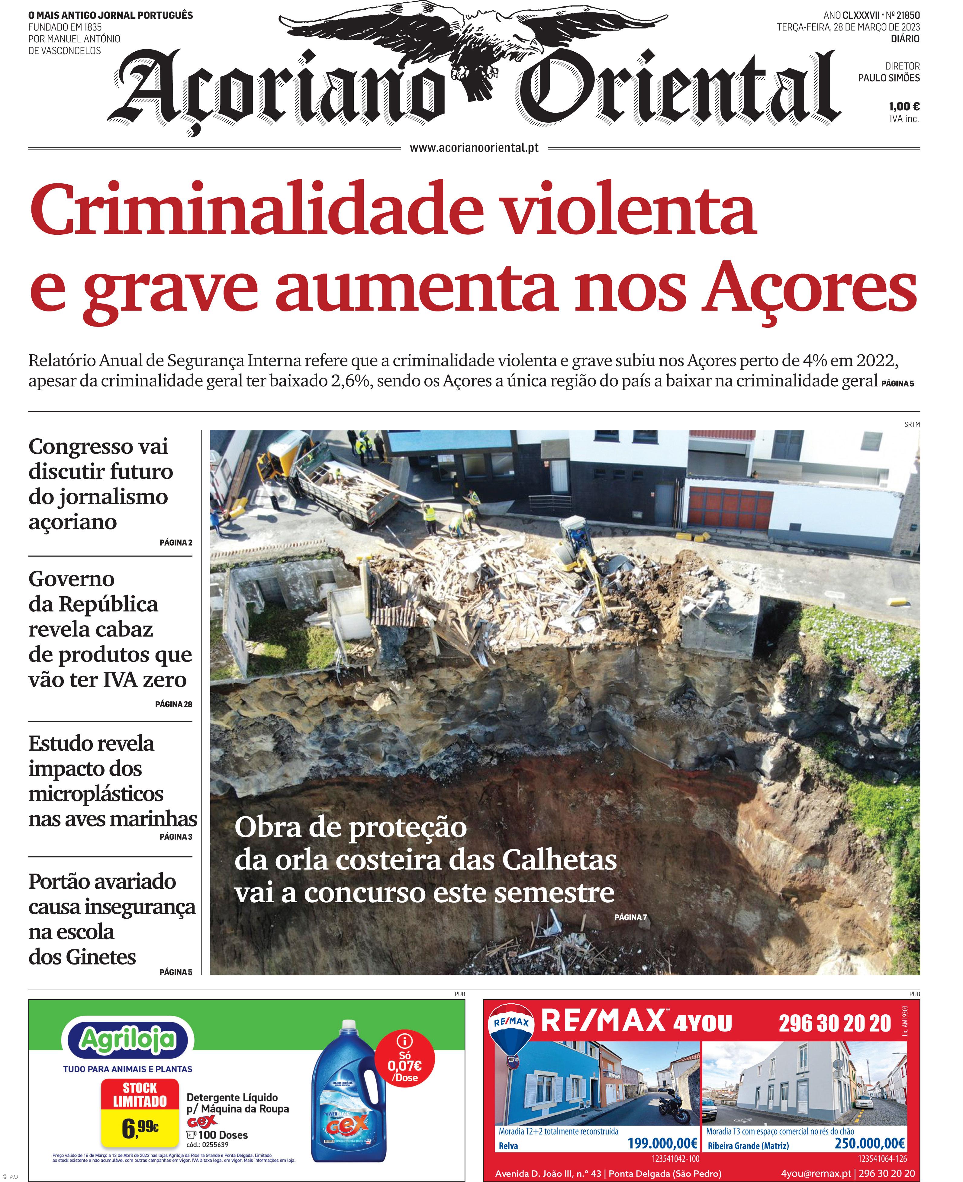 "Criminalidade violenta e grave aumenta nos Açores" é a manchete do Açoriano Oriental – Imagem 1