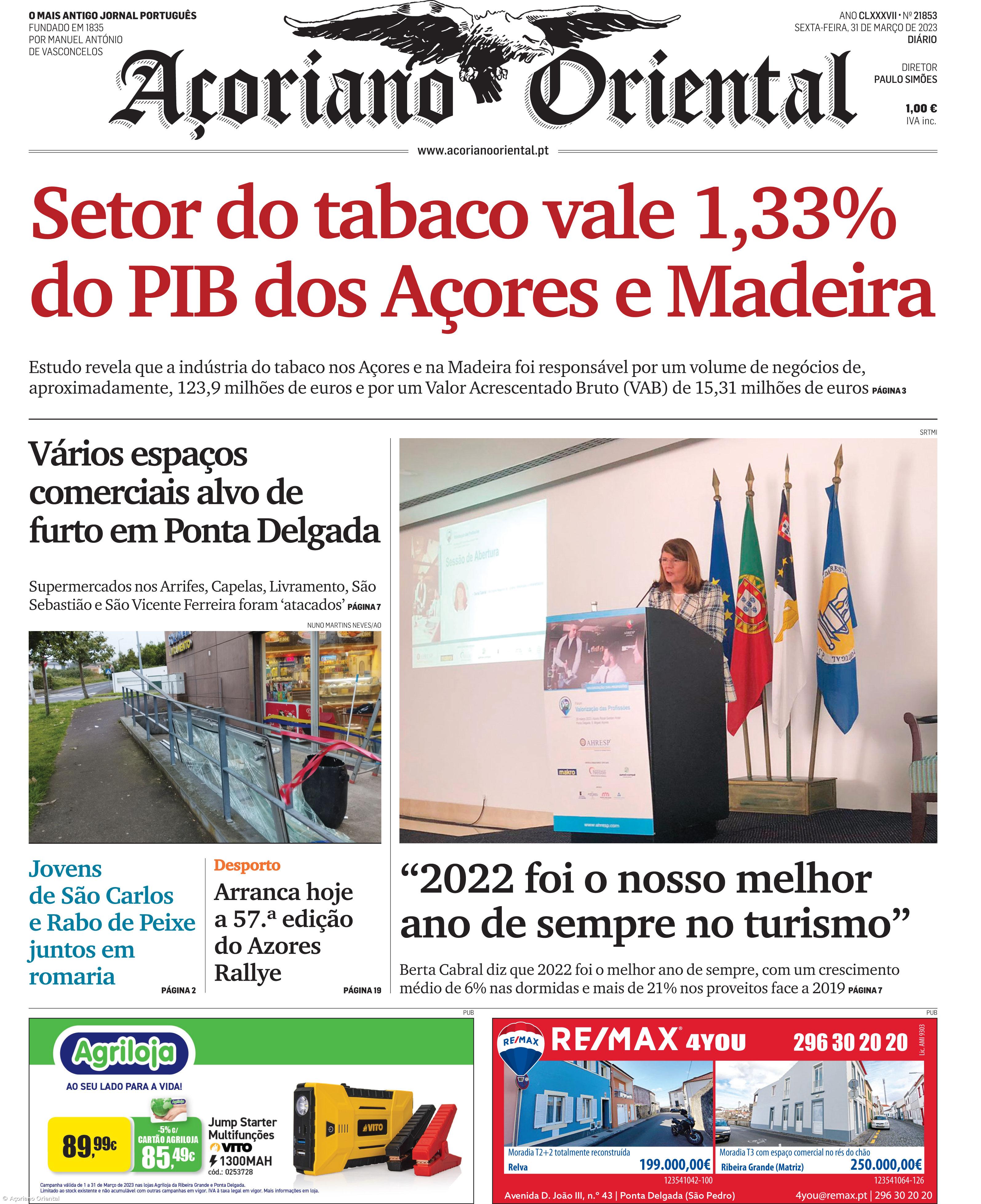 "Setor do tabaco vale 1,33% do PIB dos Açores e Madeira" é a manchete do Açoriano Oriental – Imagem 1