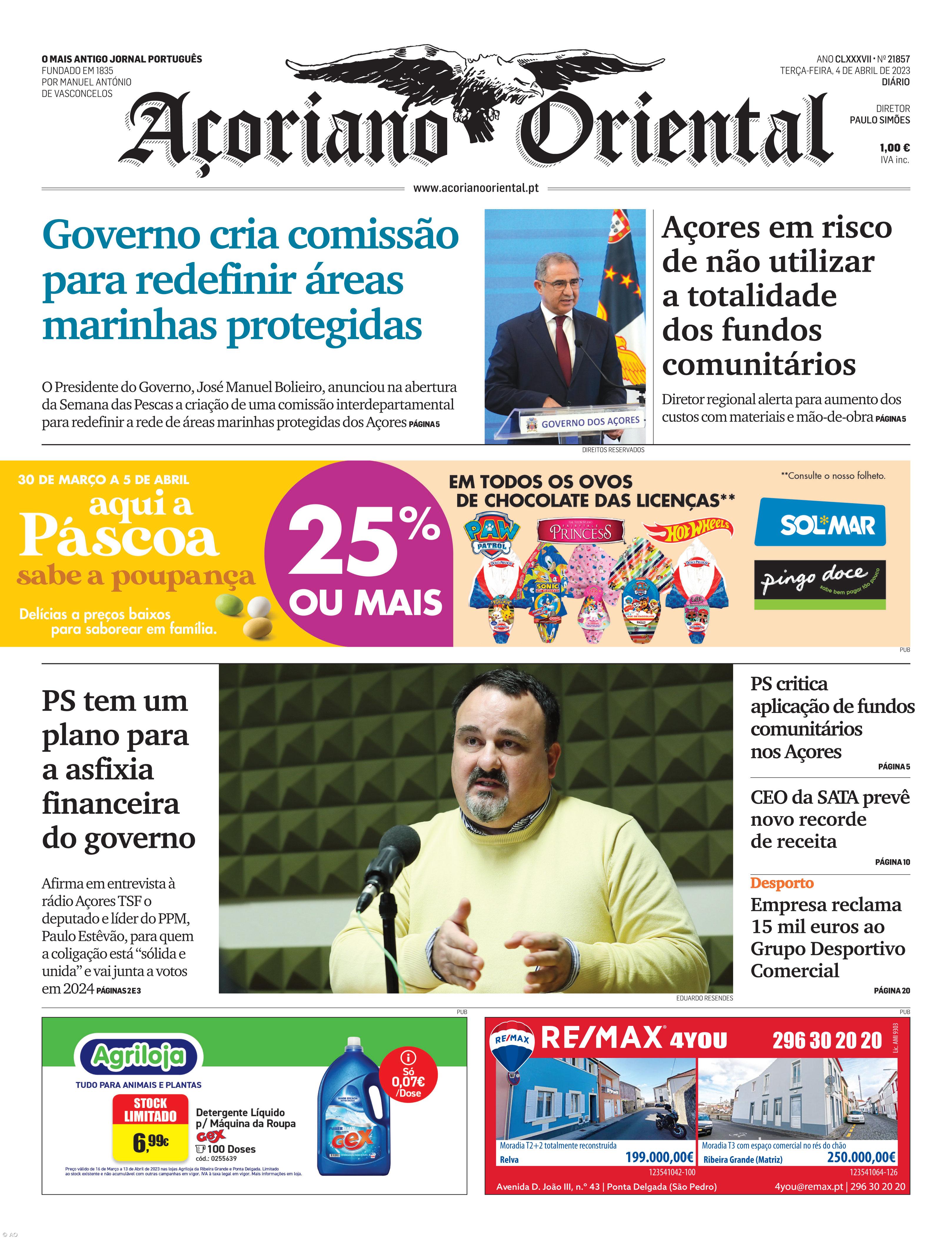 "Governo cria comissão para redefinir áreas marinhas protegidas" é a manchete do Açoriano Oriental – Imagem 1