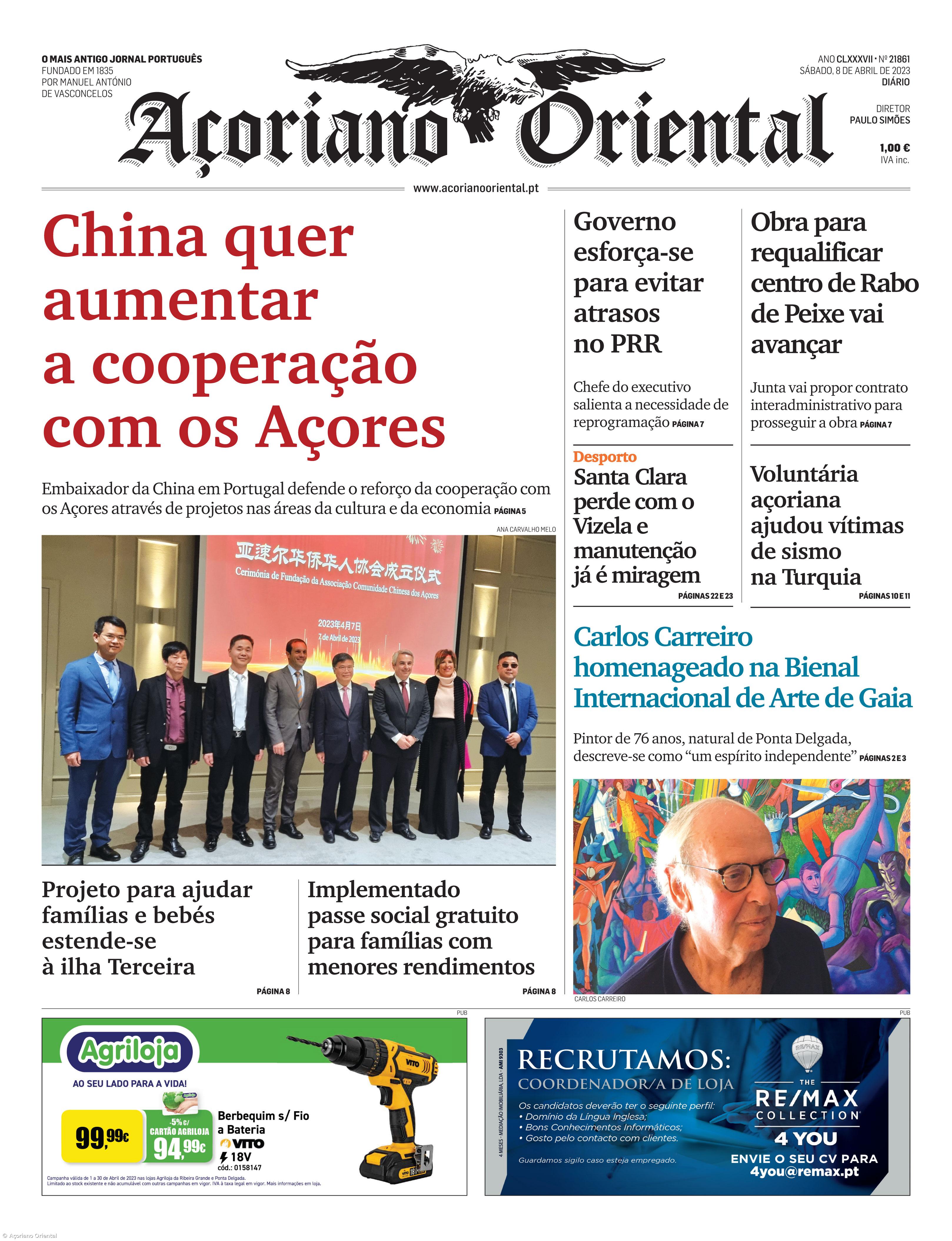 "China quer aumentar a cooperação com os Açores" é a manchete do Açoriano Oriental – Imagem 1