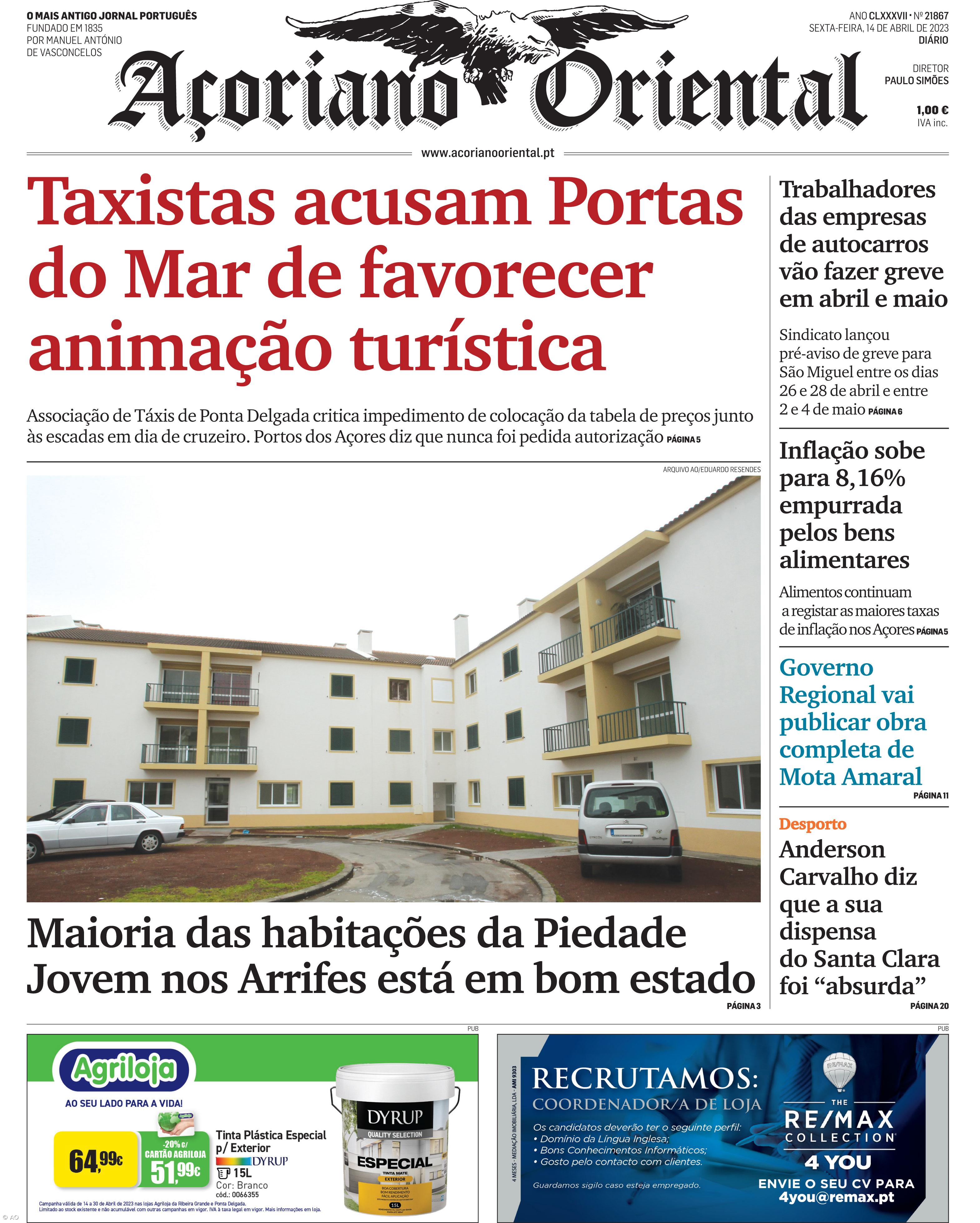 "Taxistas acusam Portas do Mar de favorecer animação turística" é a manchete do Açoriano Oriental – Imagem 1