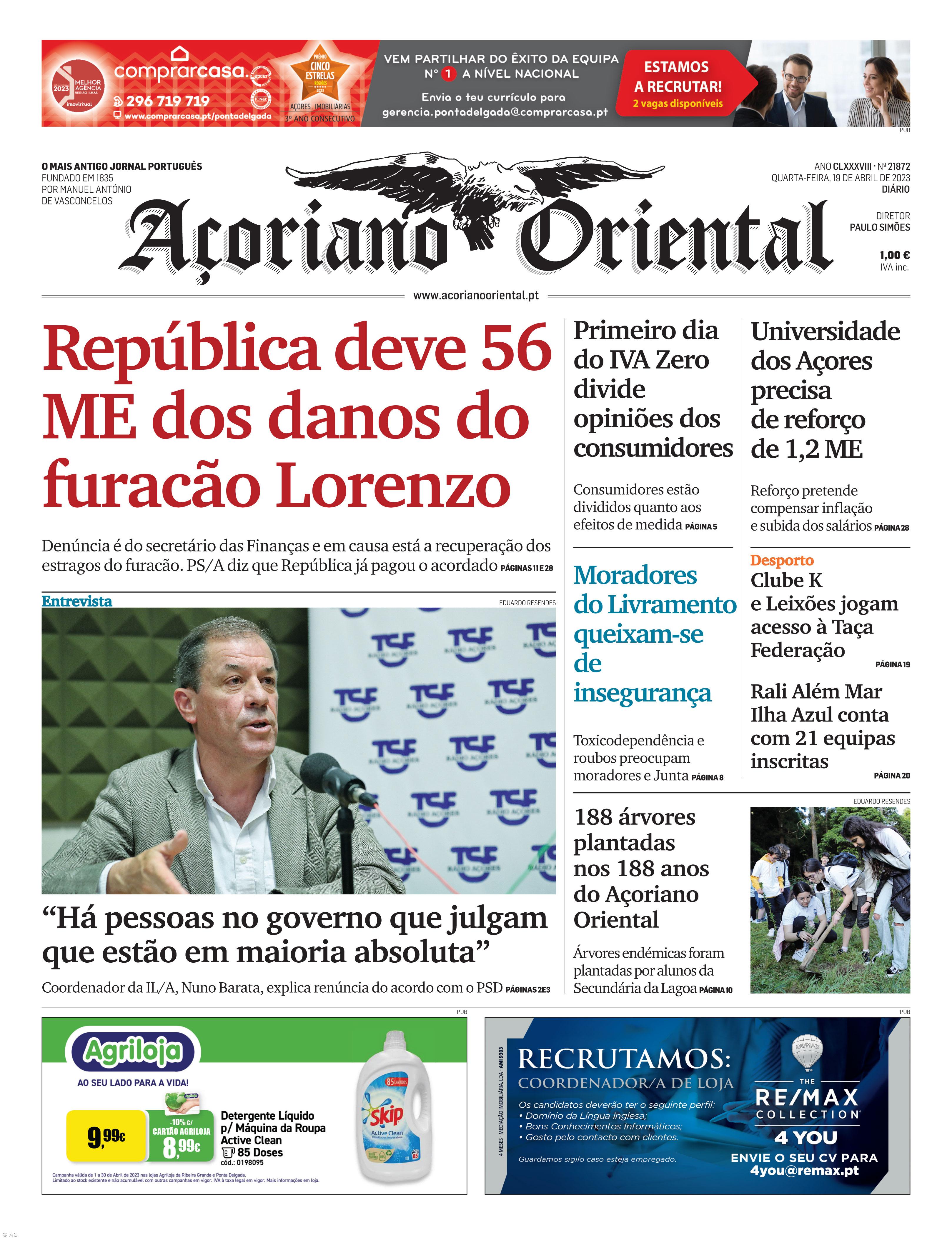 "República deve 56 milhões de euros (ME) dos danos do furacão Lorenzo" é a manchete do Açoriano Oriental – Imagem 1