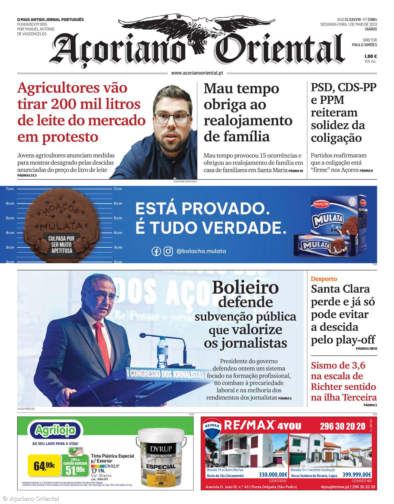 "Agricultores vão tirar 200 mil litros de leite do mercado em protesto" é a manchete do Açoriano Oriental – Imagem 1