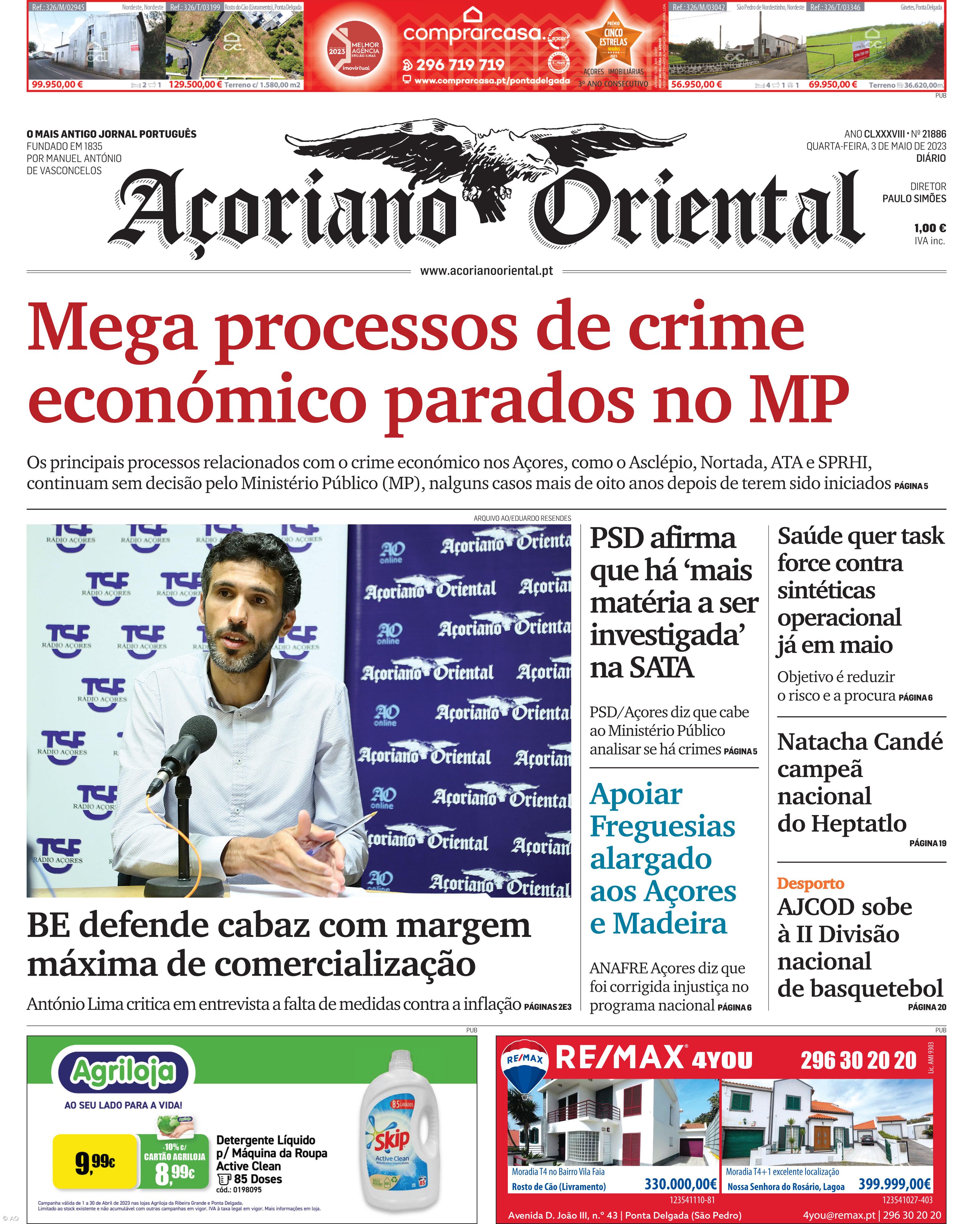"Mega processos de crime económico parados no MP" é a manchete do Açoriano Oriental – Imagem 1