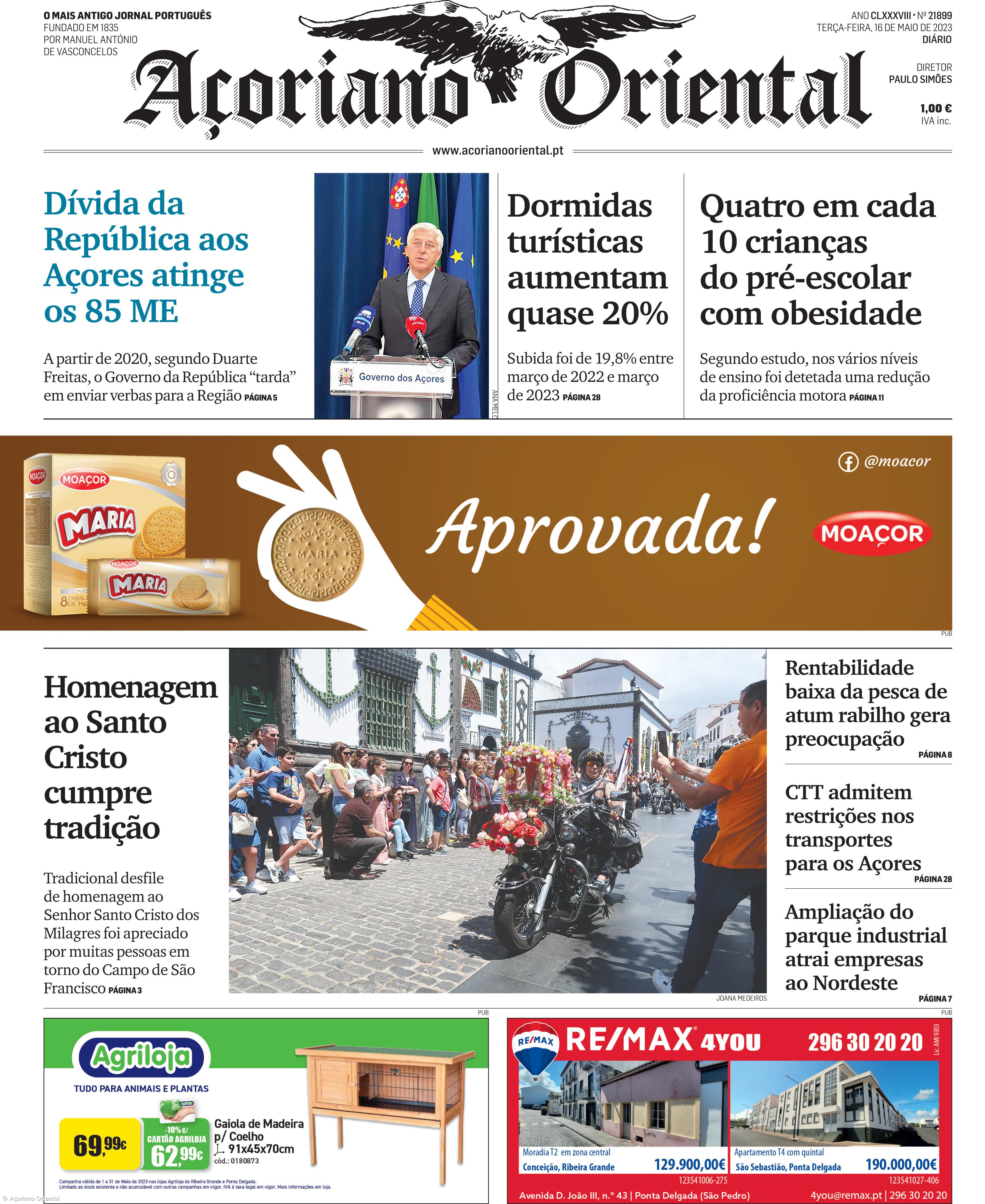 "Dívida da República aos Açores atinge os 85 ME" é a manchete do Açoriano Oriental – Imagem 1