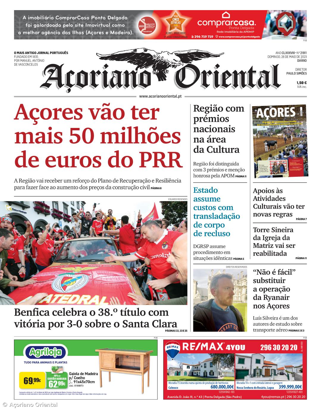 "Açores vão ter mais 50 milhões de euros do PRR" é a manchete do Açoriano Oriental – Imagem 1