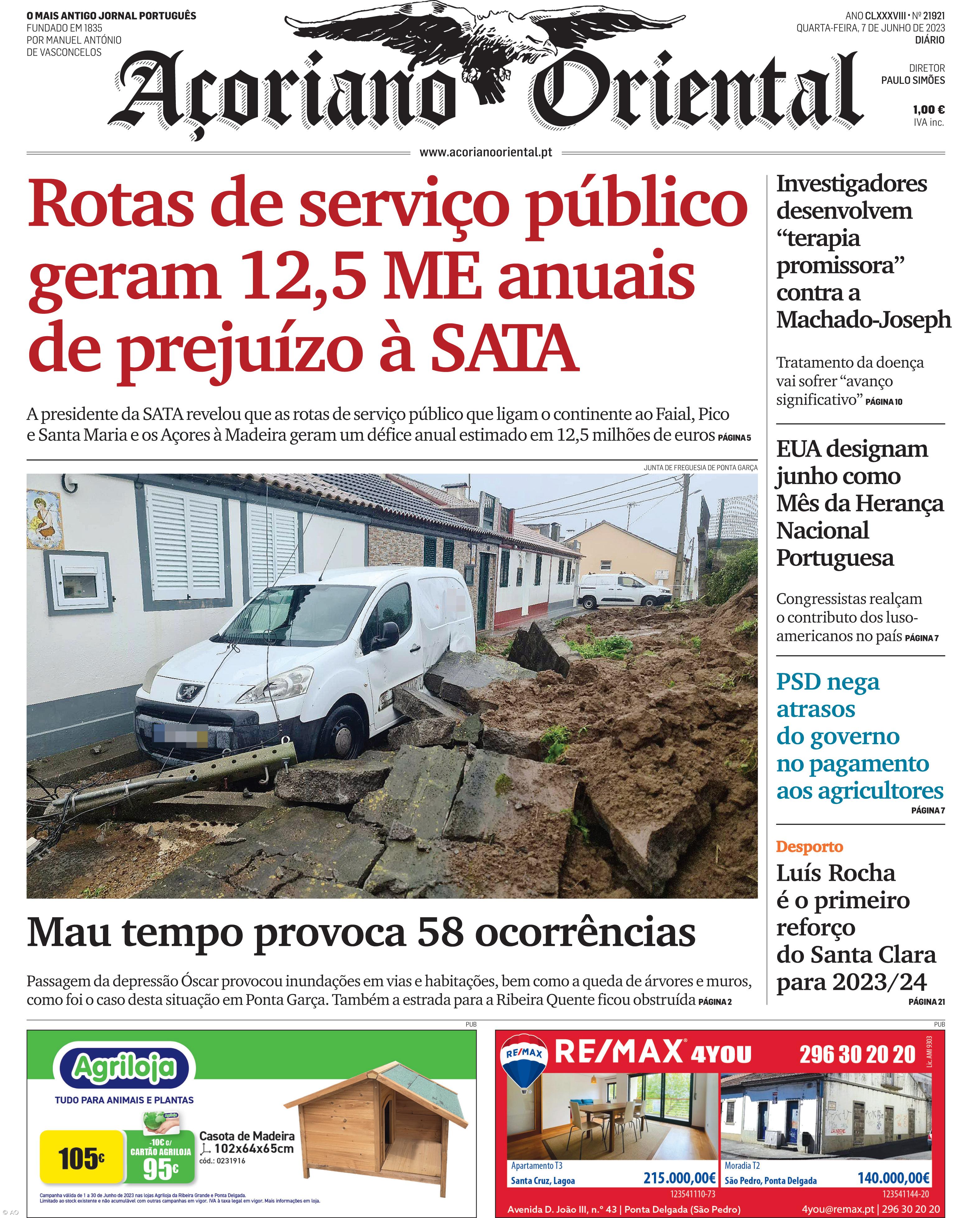 "Rotas de serviço público geram 12,5 milhões de euros (ME) anuais de prejuízo à SATA" é a manchete do Açoriano Oriental – Imagem 1