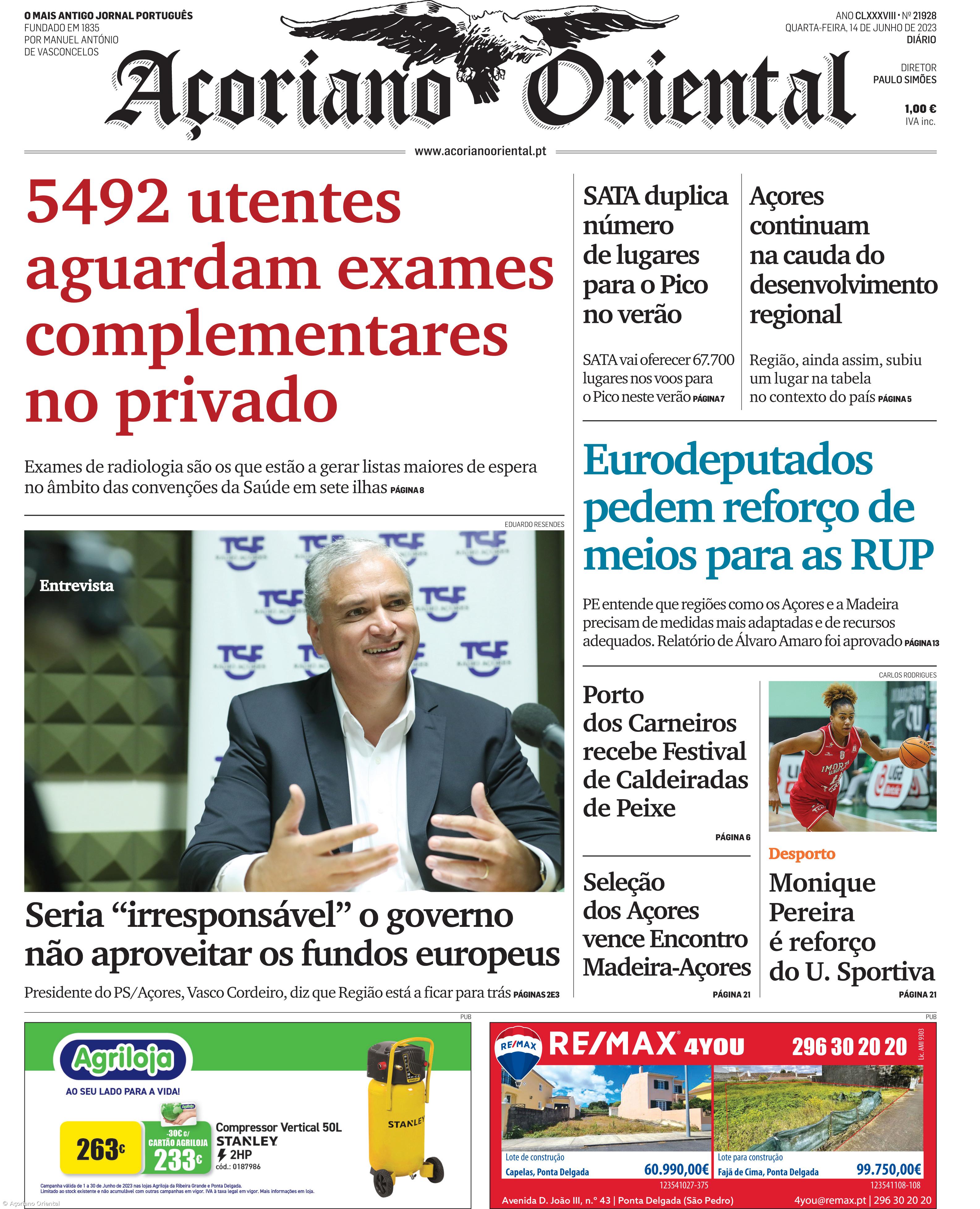 "5492 utentes aguardam exames complementares no privado" é a manchete do Açoriano Oriental – Imagem 1