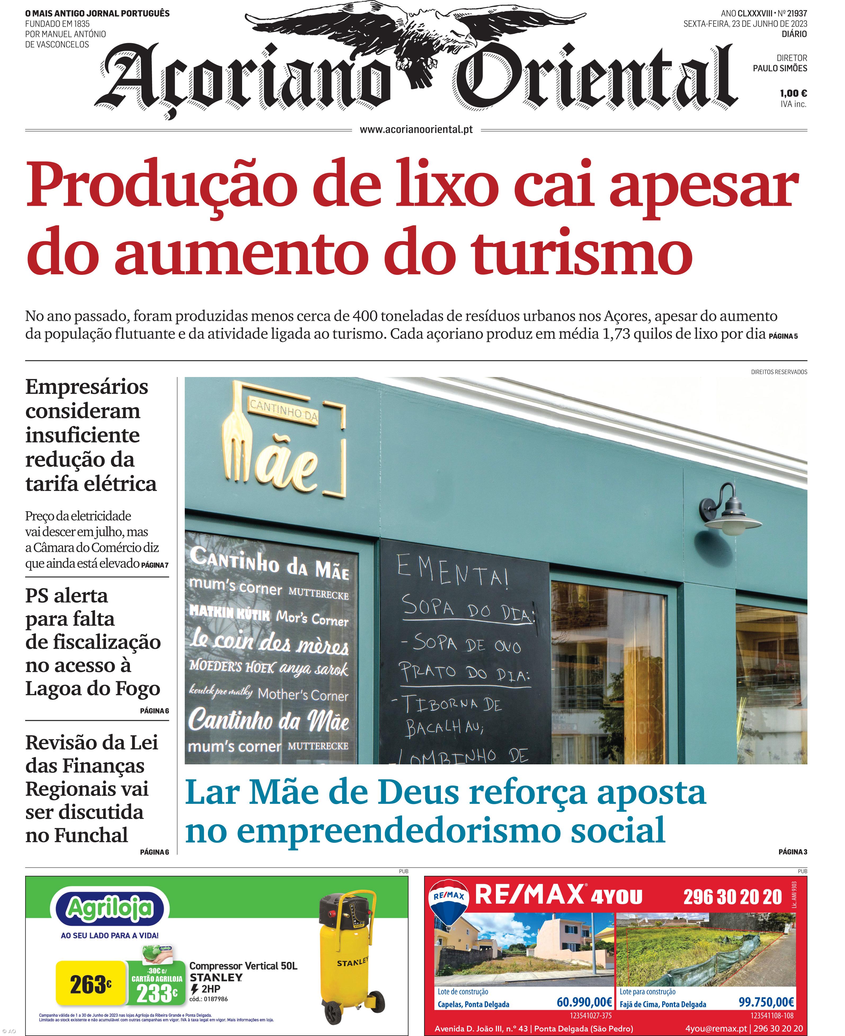 "Produção de lixo cai apesar do aumento do turismo" é a manchete do Açoriano Oriental – Imagem 1