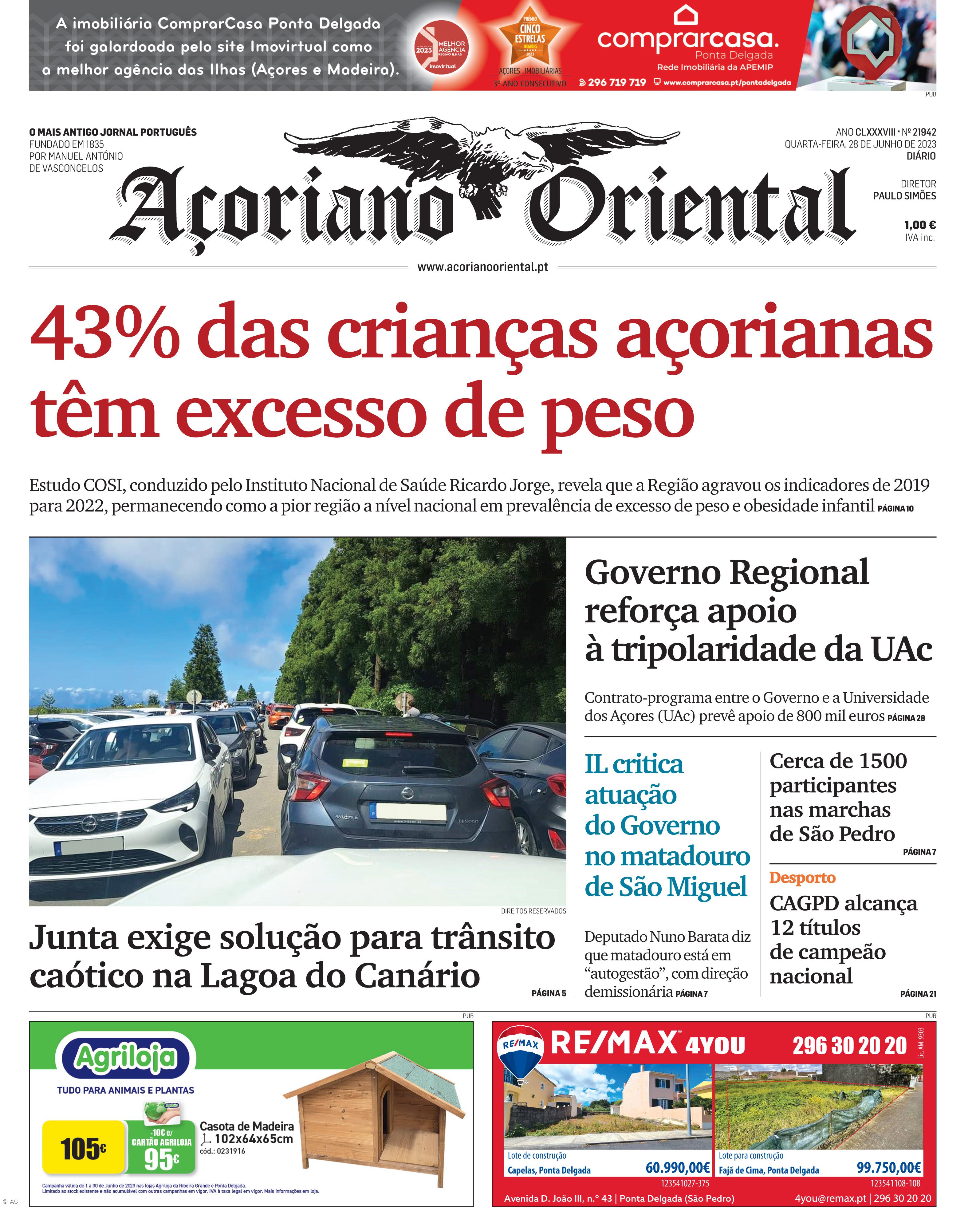 "43% das crianças açorianas têm excesso de peso" é a manchete do Açoriano Oriental – Imagem 1