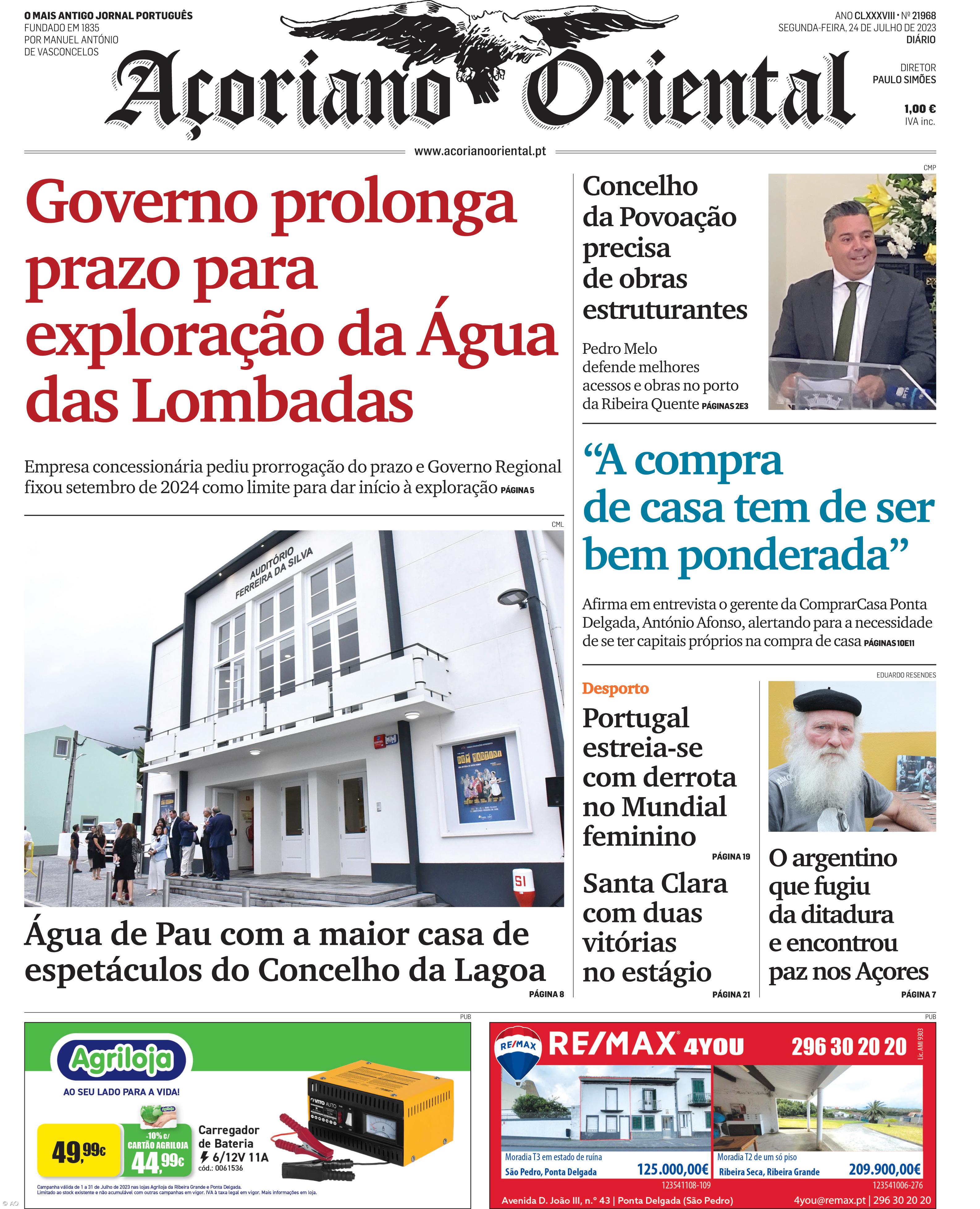 "Governo prolonga prazo para exploração da Água das Lombadas" é a manchete do Açoriano Oriental – Imagem 1