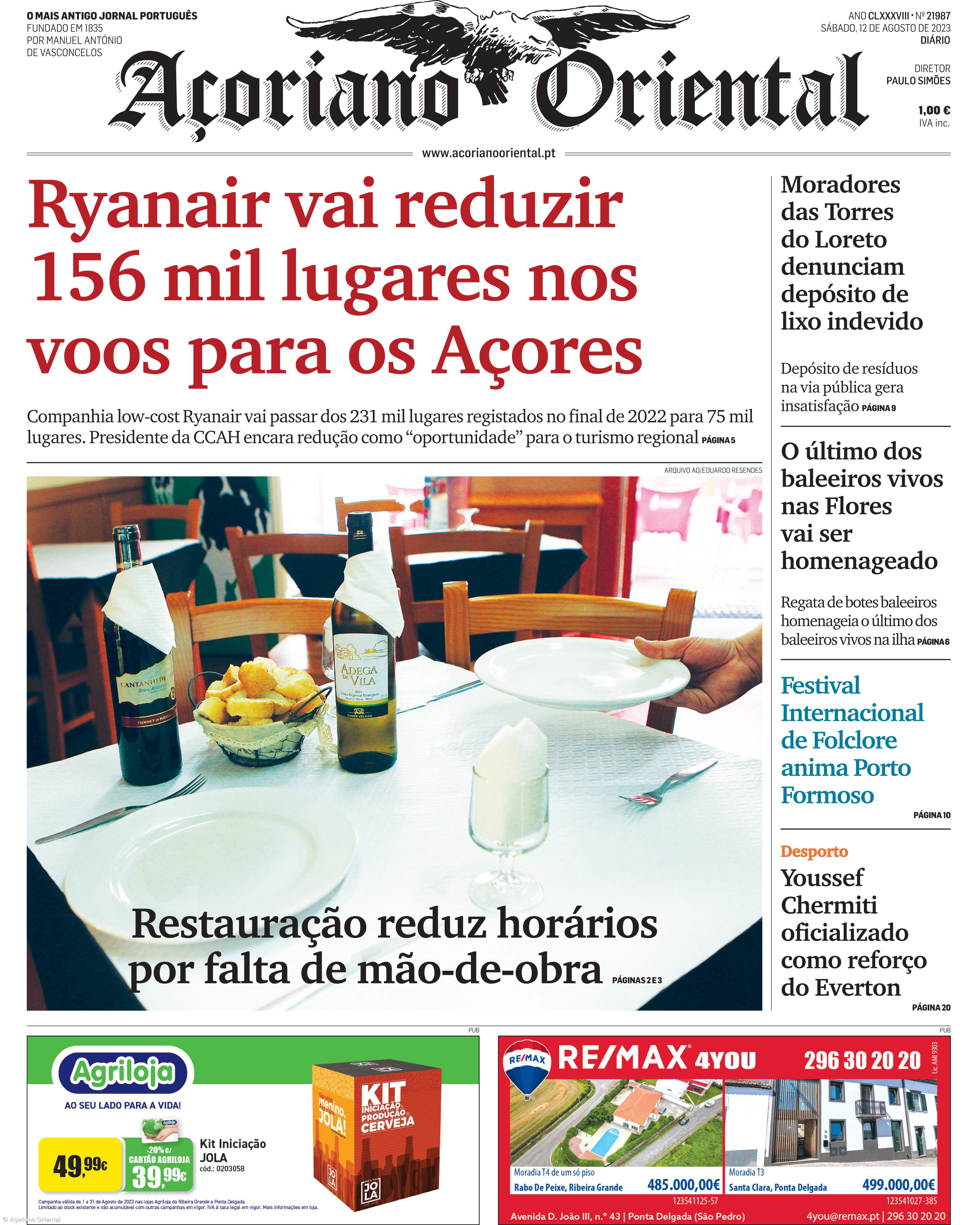 "Ryanair vai reduzir 156 mil lugares nos voos para os Açores" é a manchete do Açoriano Oriental – Imagem 1
