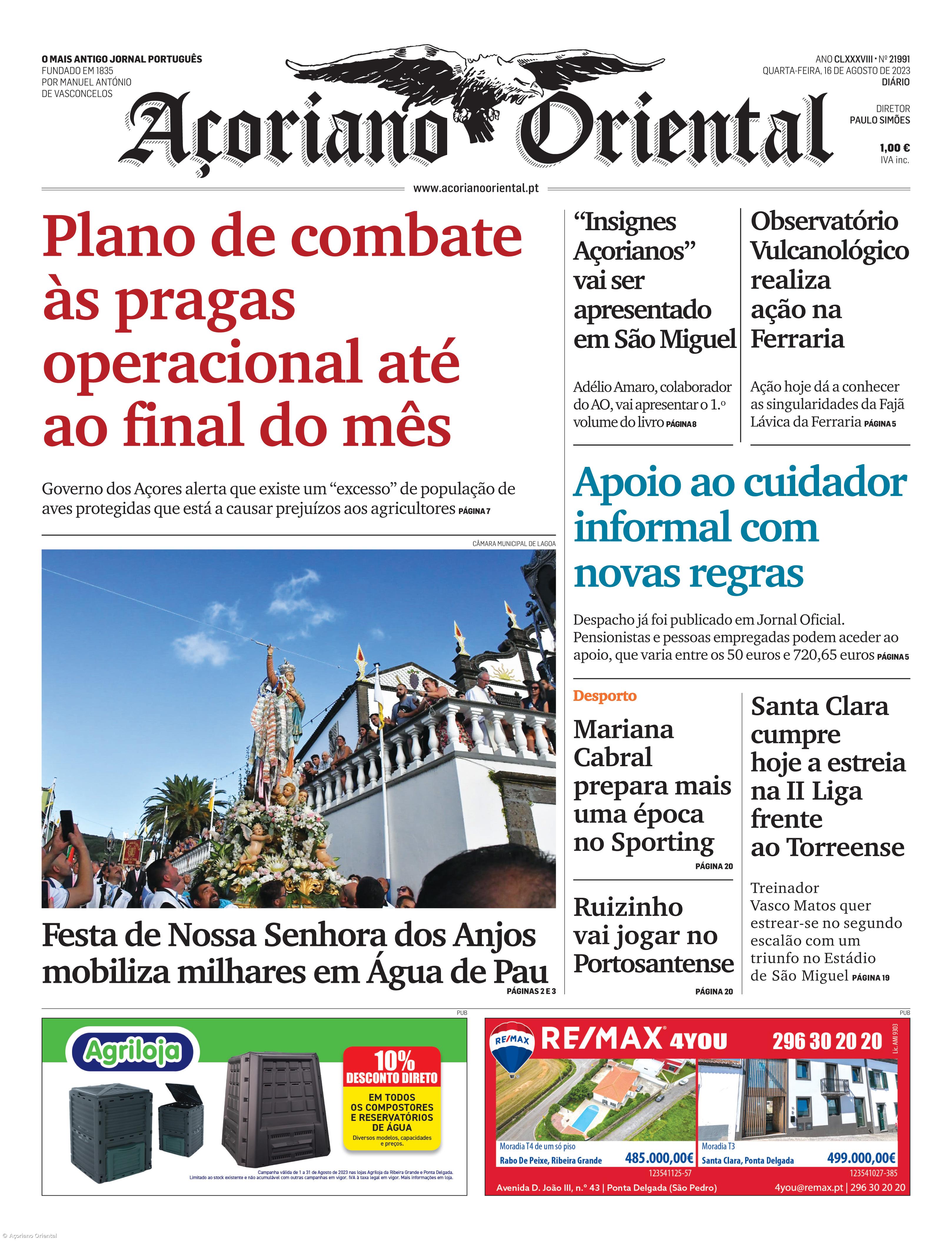 "Plano de combate às pragas operacional até ao final do mês" é a manchete do Açoriano Oriental – Imagem 1
