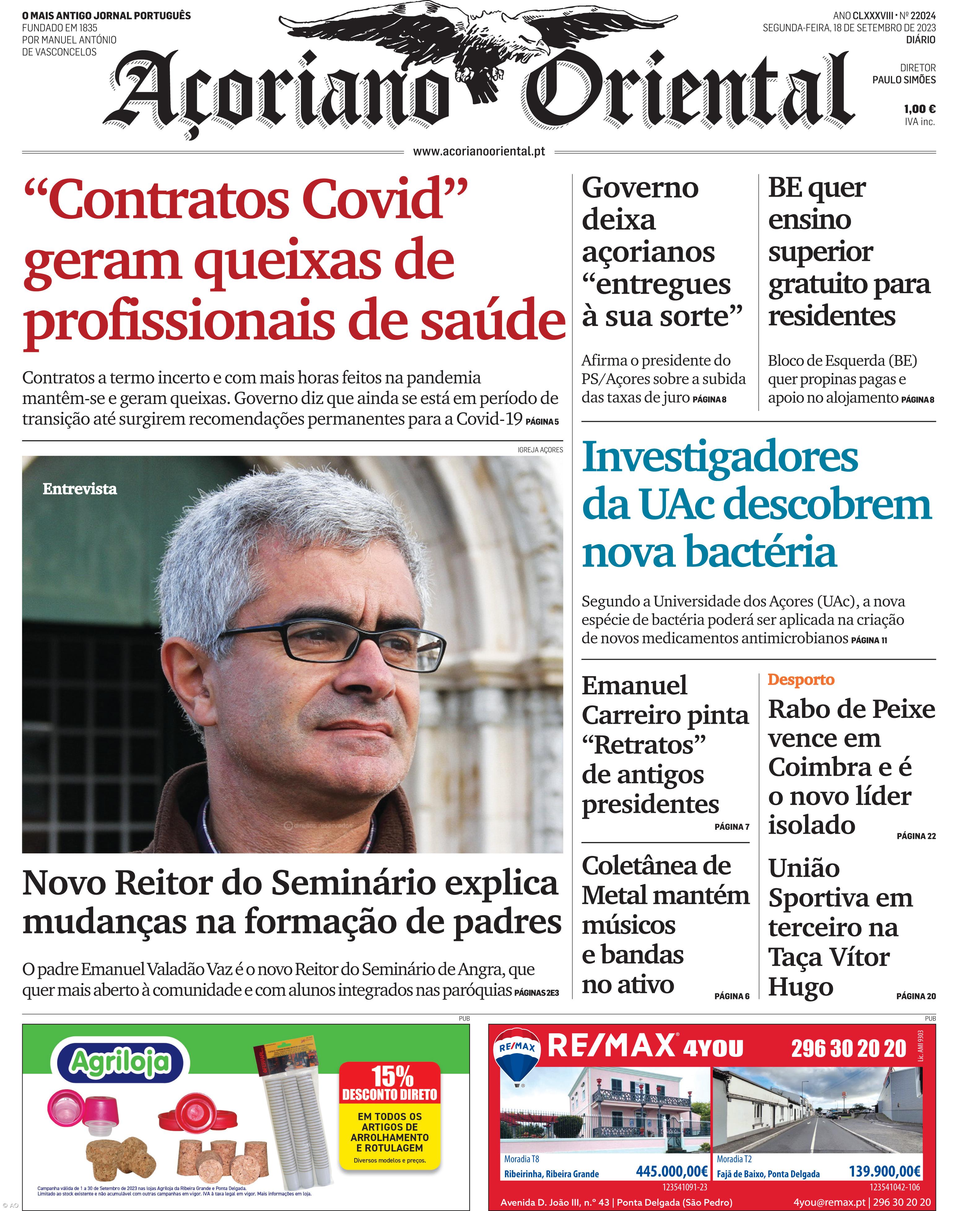 "'Contratos Covid' geram queixas de profissionais de saúde" é a manchete do Açoriano Oriental – Imagem 1