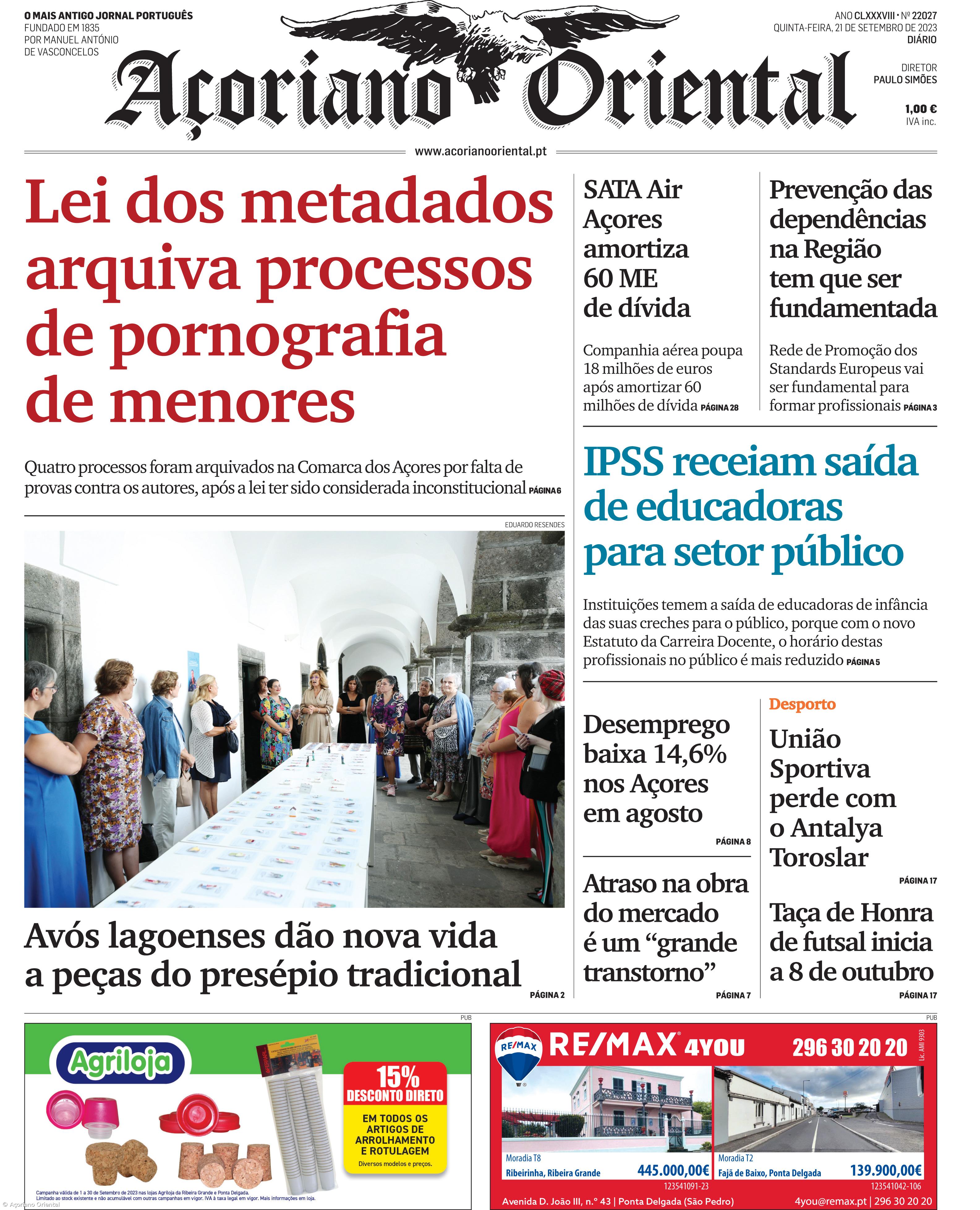 "Lei dos metadados arquiva processos de pornografia de menores" é a manchete do Açoriano Oriental – Imagem 1