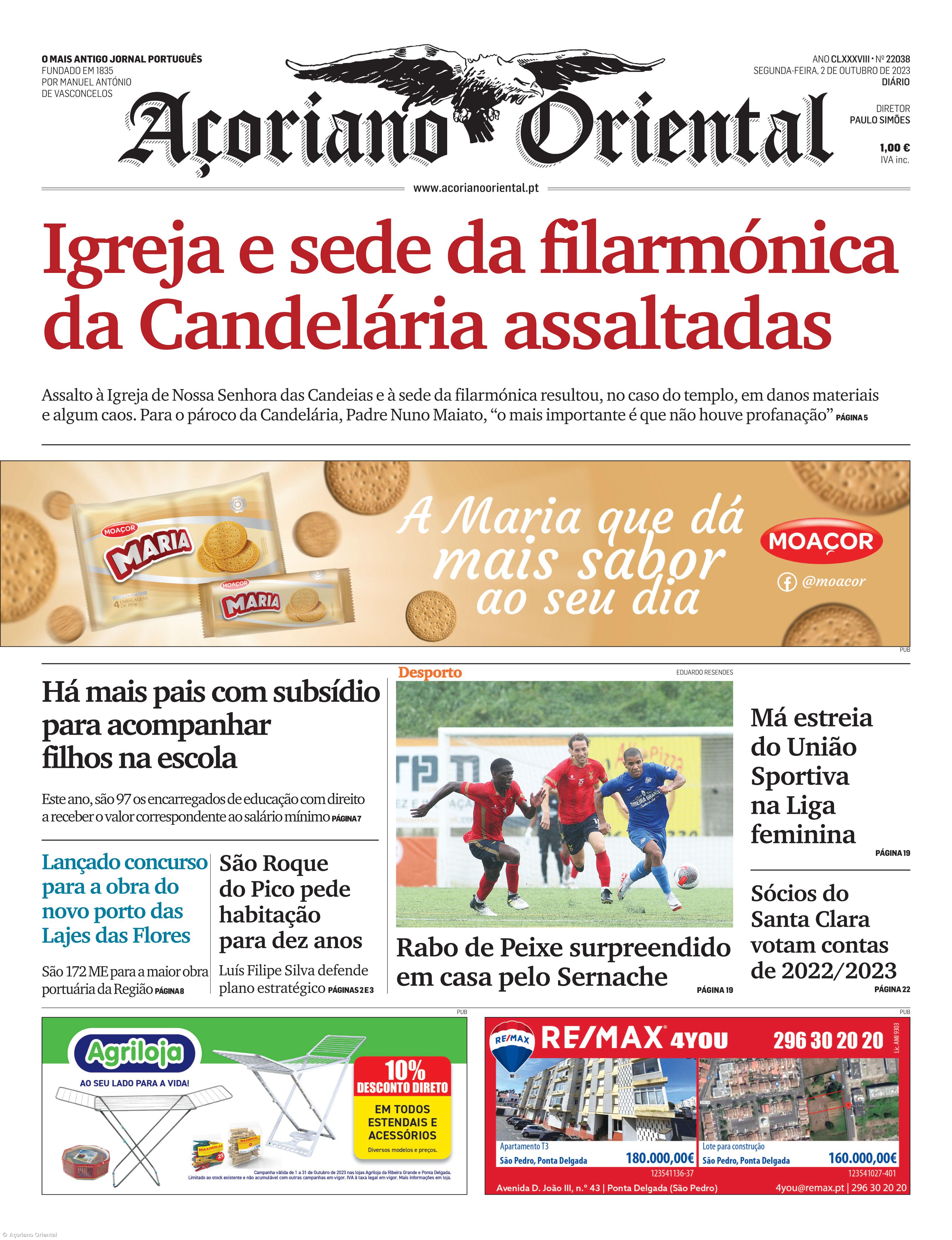 "Igreja e sede da filarmónica da Candelária assaltadas" é a manchete do Açoriano Oriental – Imagem 1