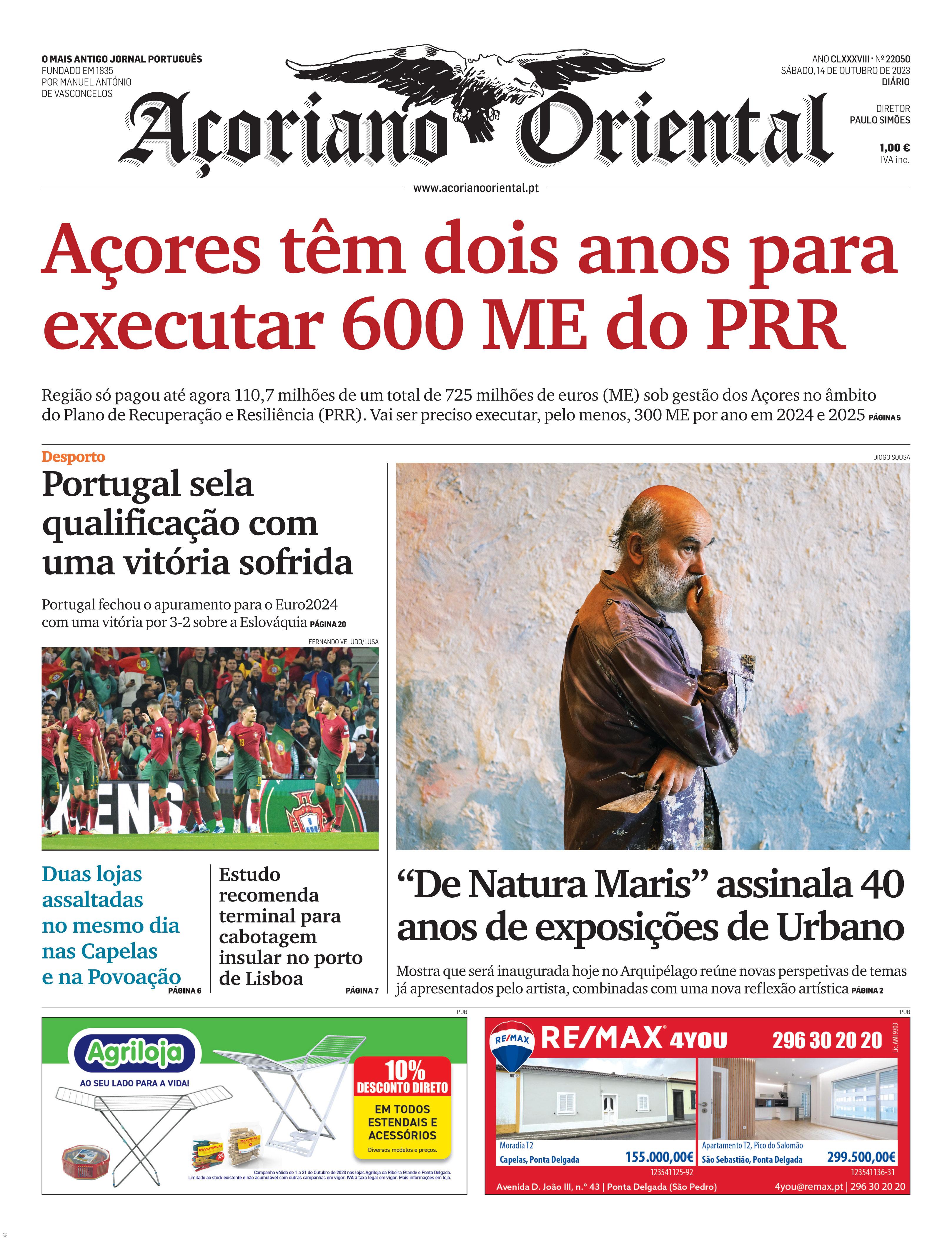 "Açores têm dois anos para executar 600 ME do PRR" é a manchete de edição de hoje do Açoriano Oriental – Imagem 1