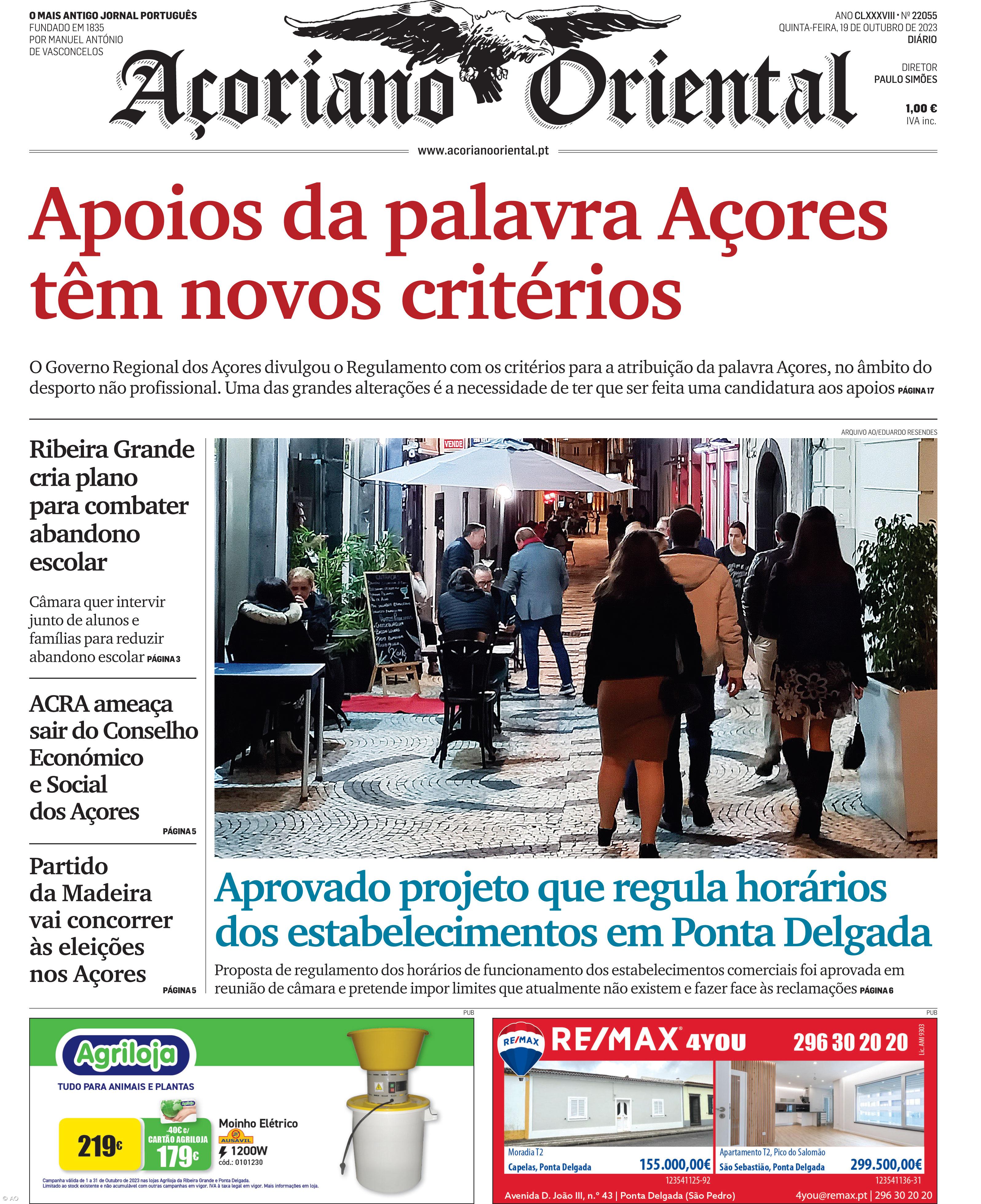 "Apoios da palavra Açores têm novos critérios" é a manchete do Açoriano Oriental – Imagem 1