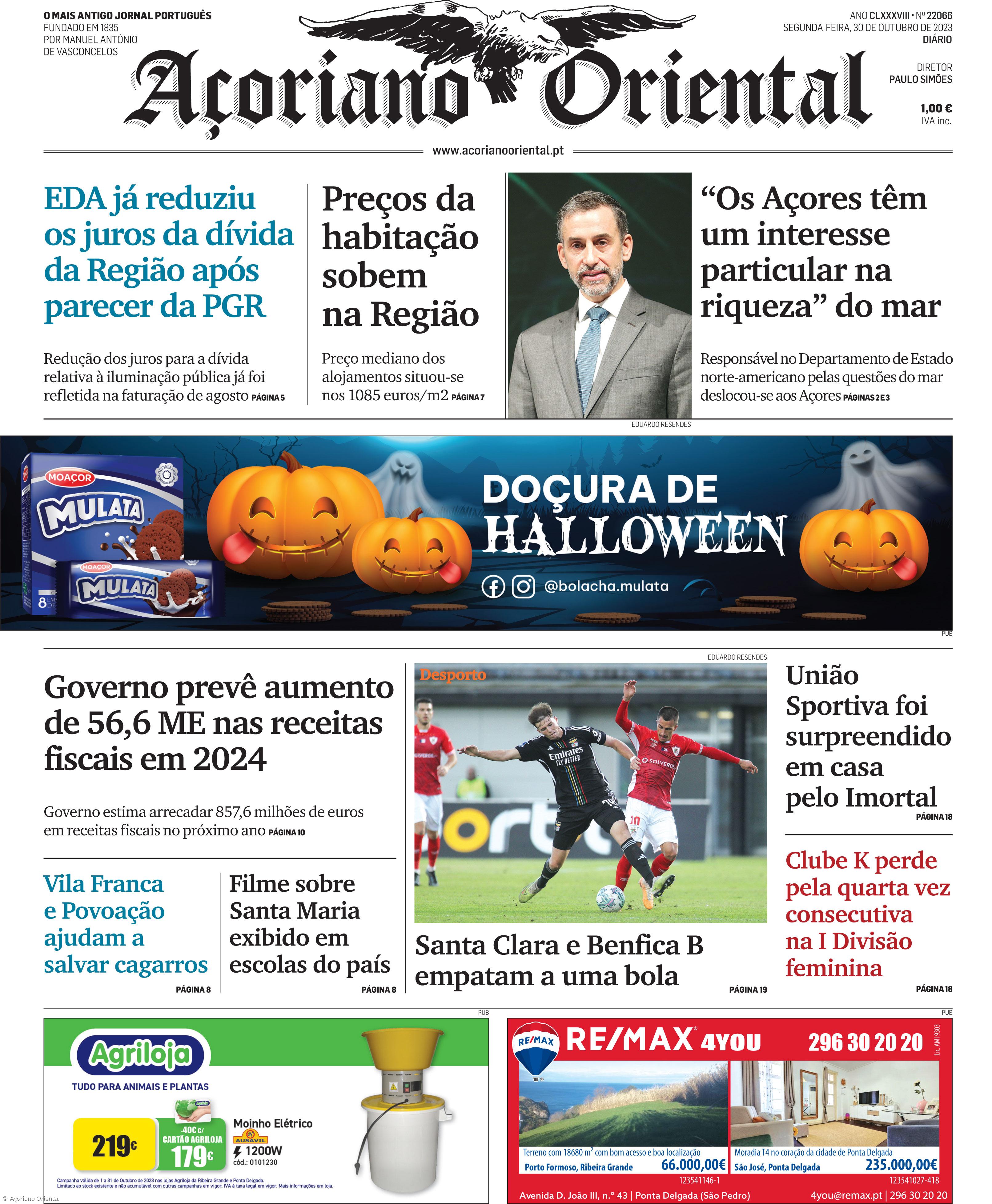 "EDA já reduziu os juros da dívida da Região após parecer da PGR" é a manchete do Açoriano Oriental  – Imagem 1