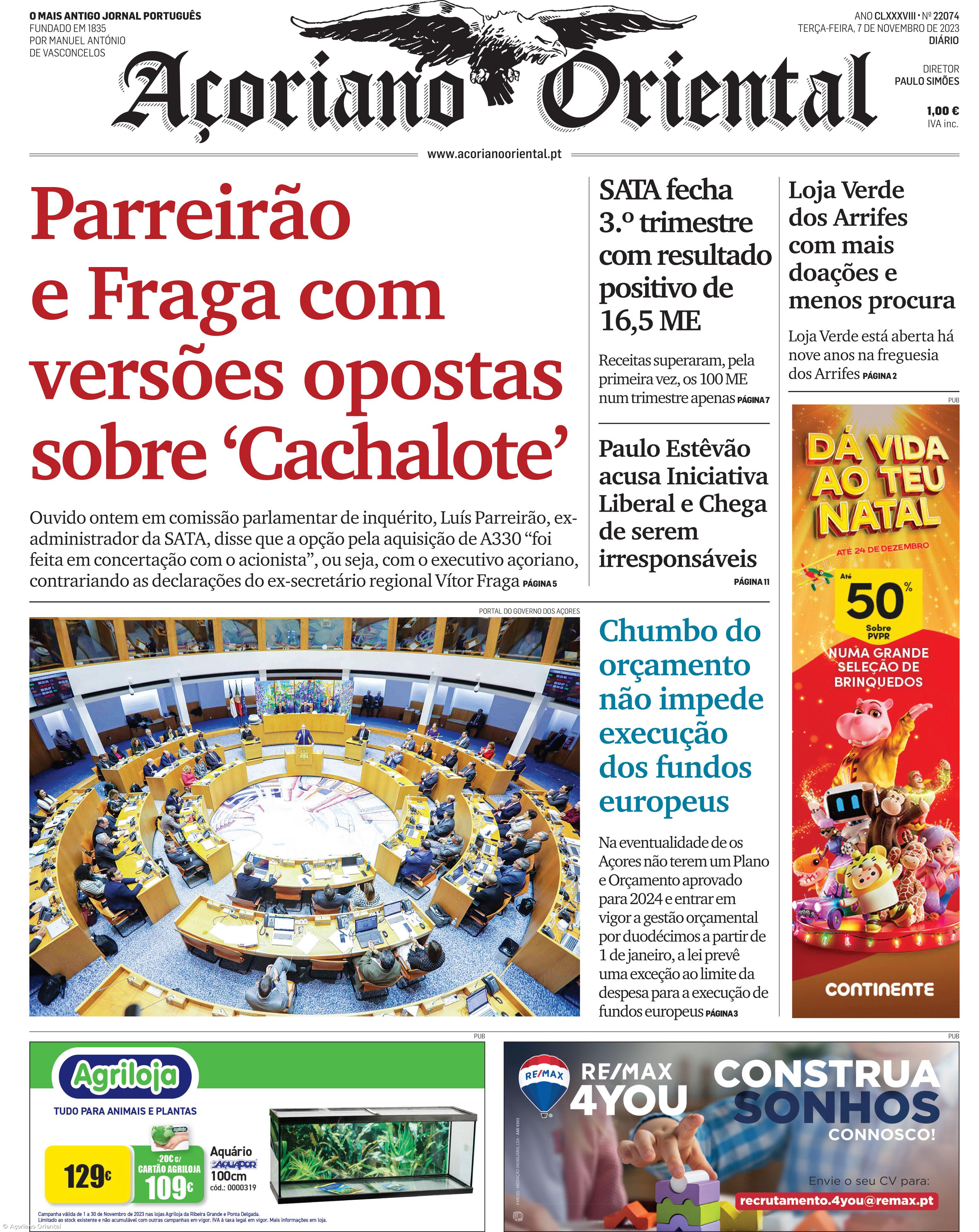 "Parreirão e Fraga com versões opostas sobre 'Cachalote'" é a manchete do Açoriano Oriental – Imagem 1