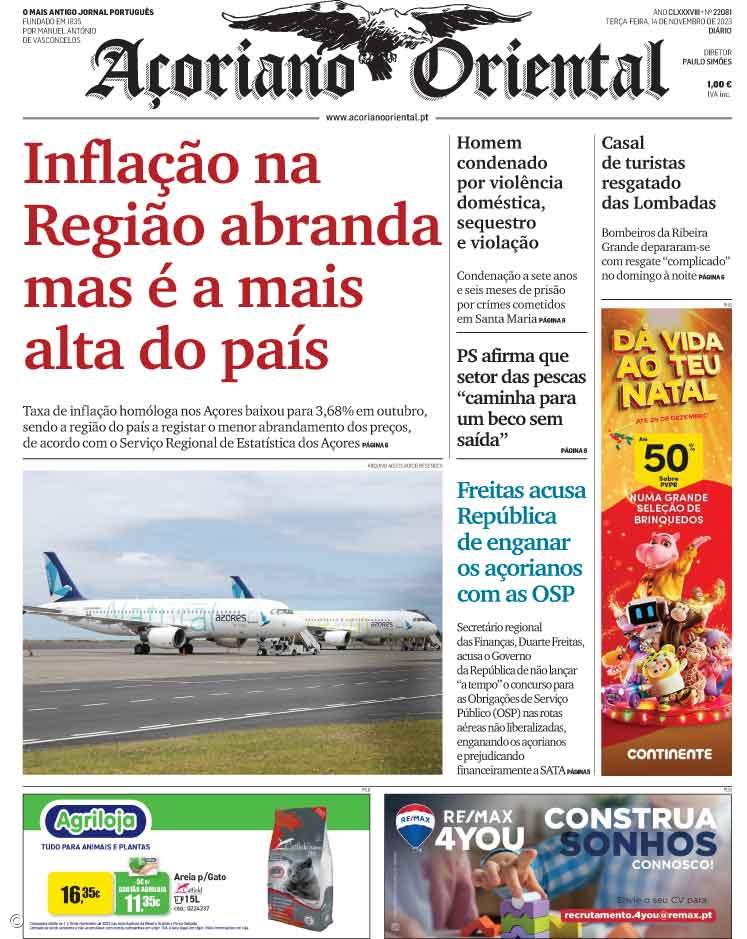 "Inflação na Região abranda mas é a mais alta do país" é a manchete do Açoriano Oriental – Imagem 1