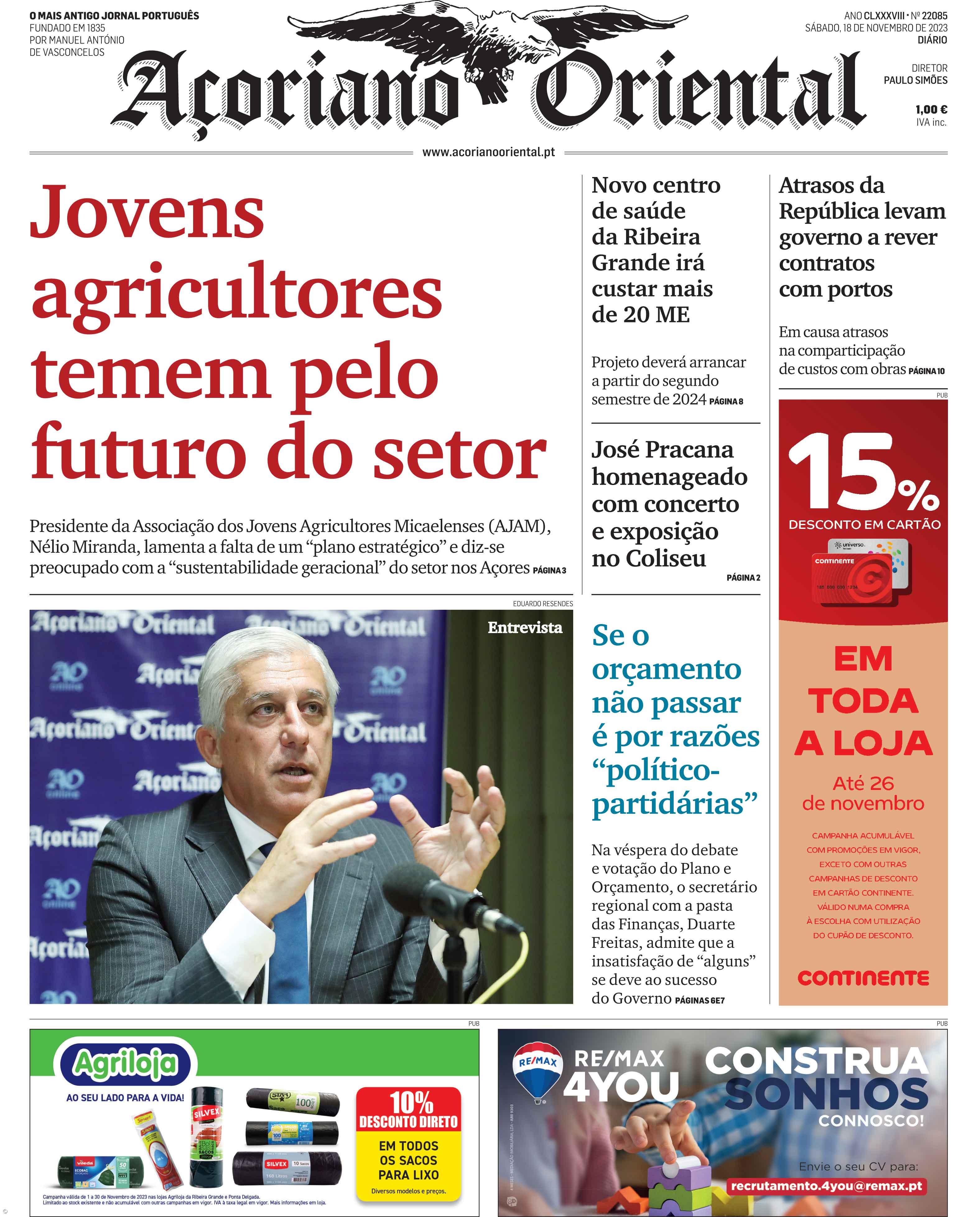 "Jovens agricultores temem pelo futuro do setor" é a manchete do Açoriano Oriental – Imagem 1