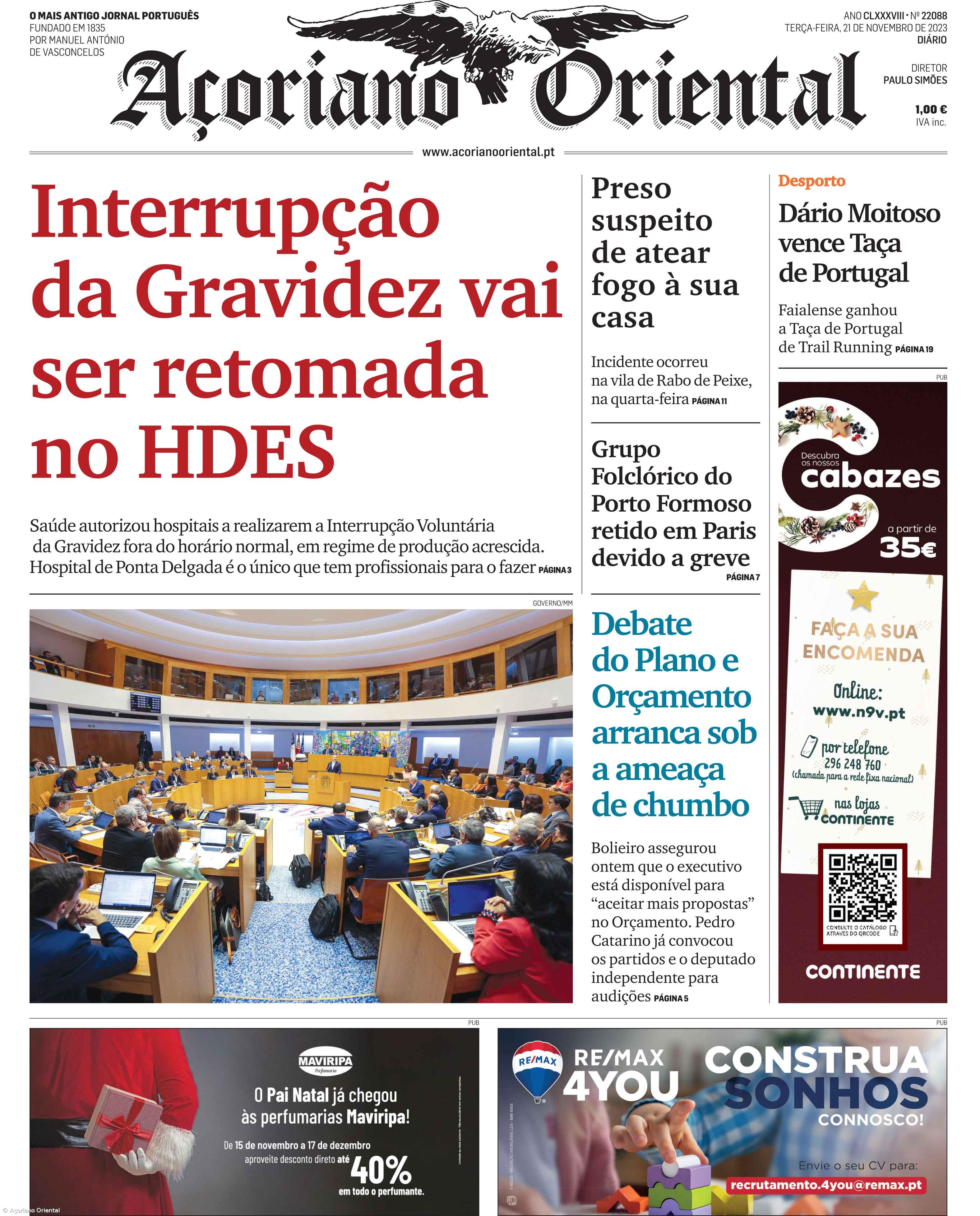 "Interrupção da Gravidez vai ser retomada no HDES" é a manchete do Açoriano Oriental – Imagem 1