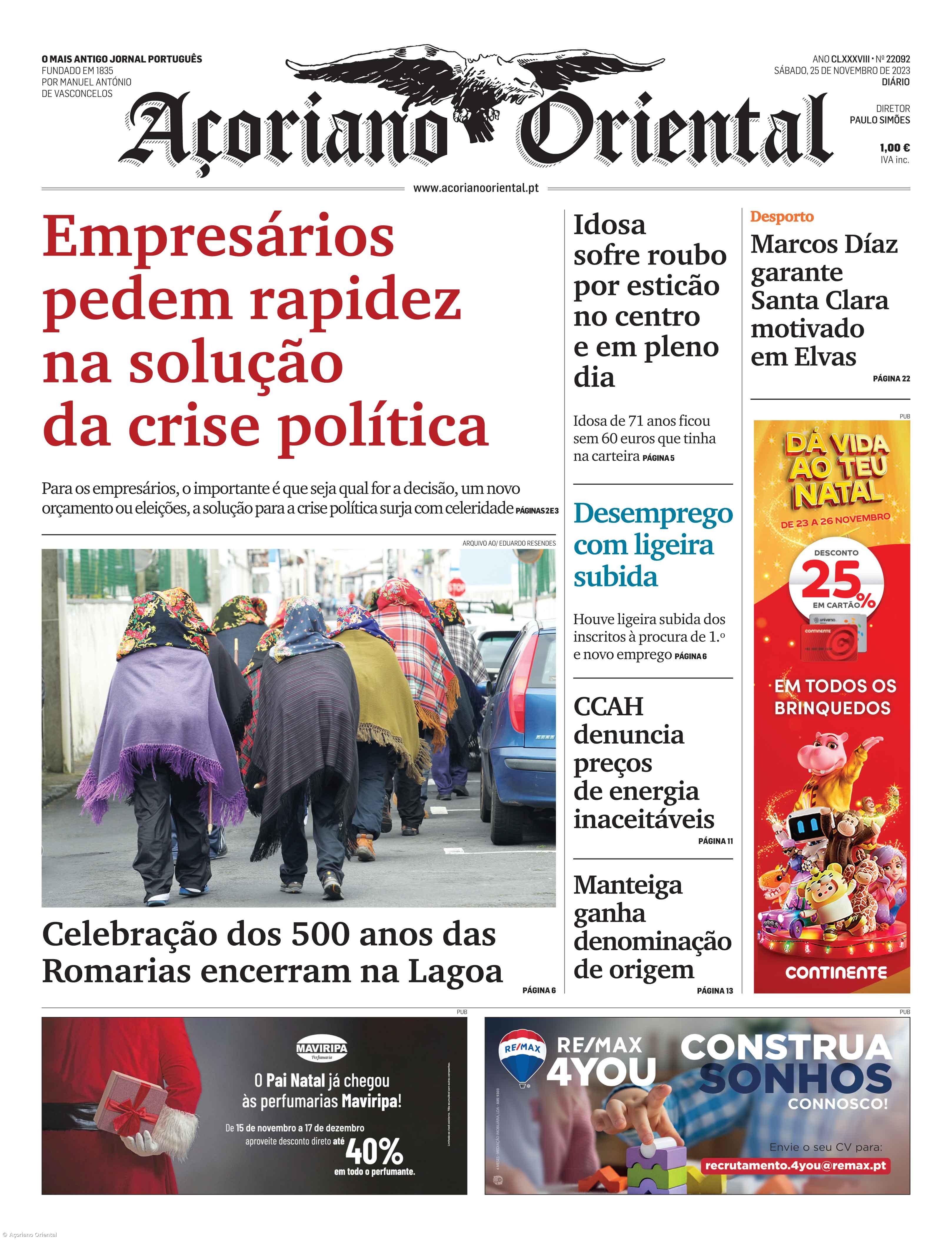 "Empresários pedem rapidez na solução da crise política" é a manchete do Açoriano Oriental – Imagem 1
