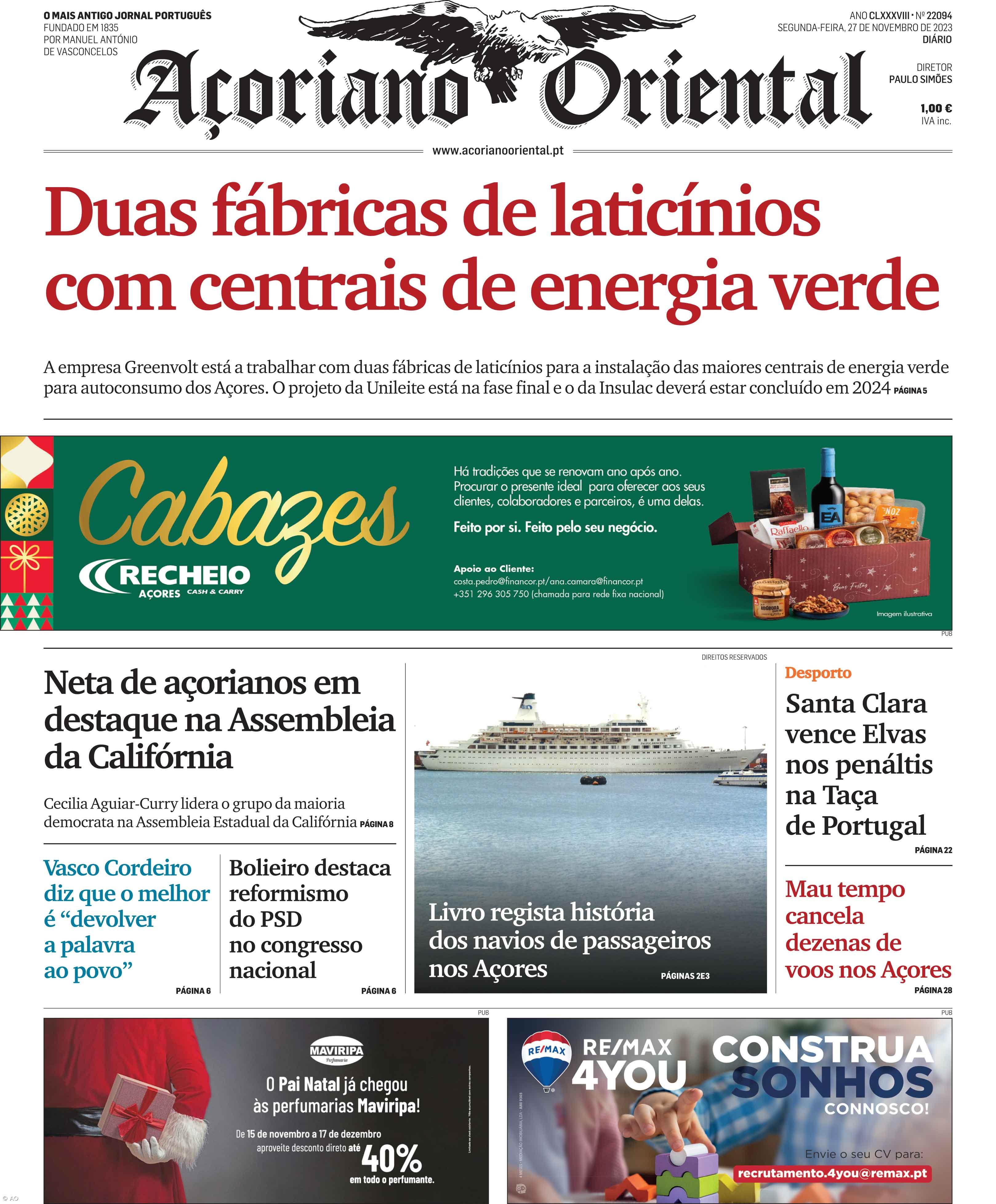"Duas fábricas de laticínios com centrais de energia verde" é a manchete do Açoriano Oriental – Imagem 1