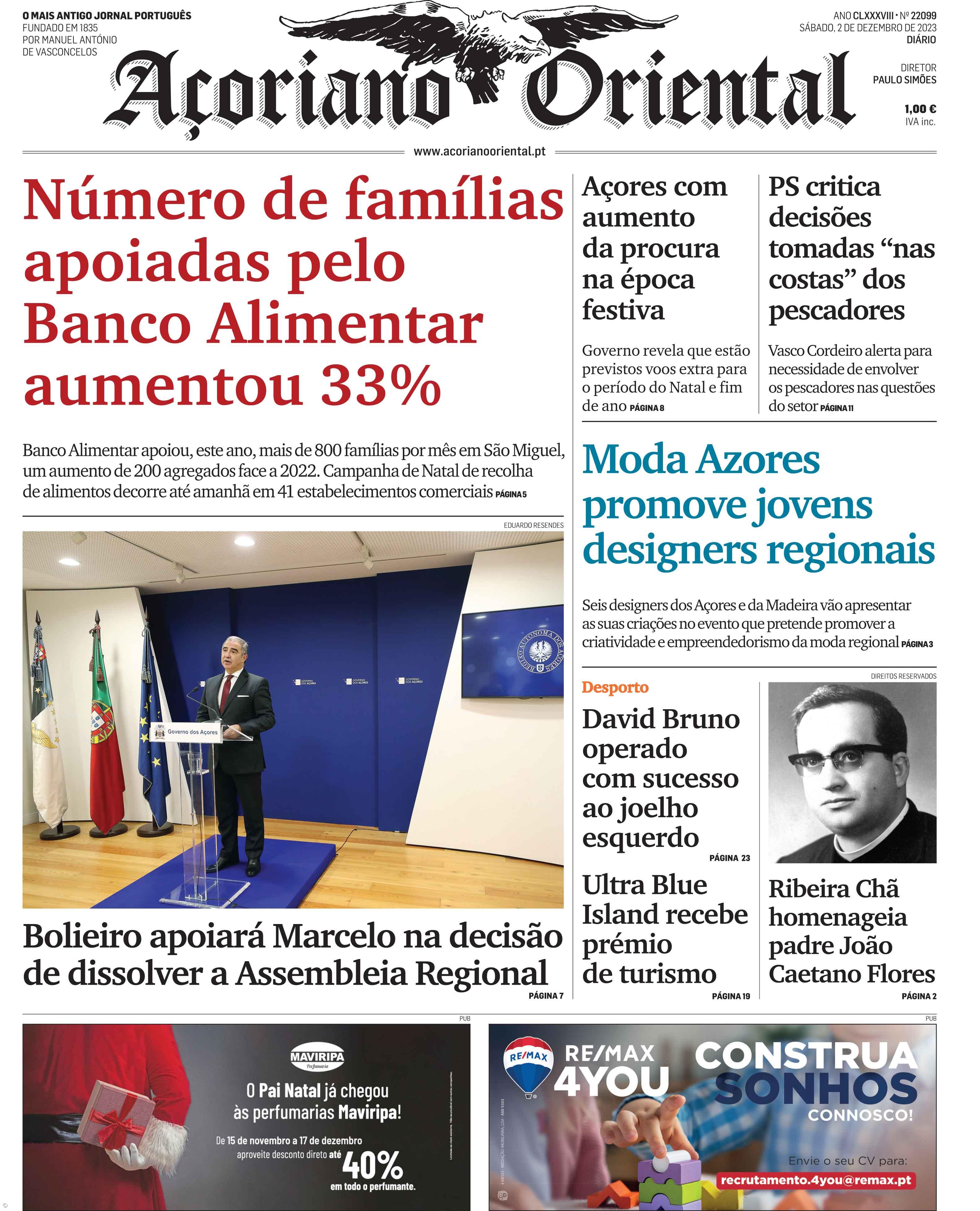 "Número de famílias apoiadas pelo Banco Alimentar aumentou 33%" é a manchete do Açoriano Oriental – Imagem 1