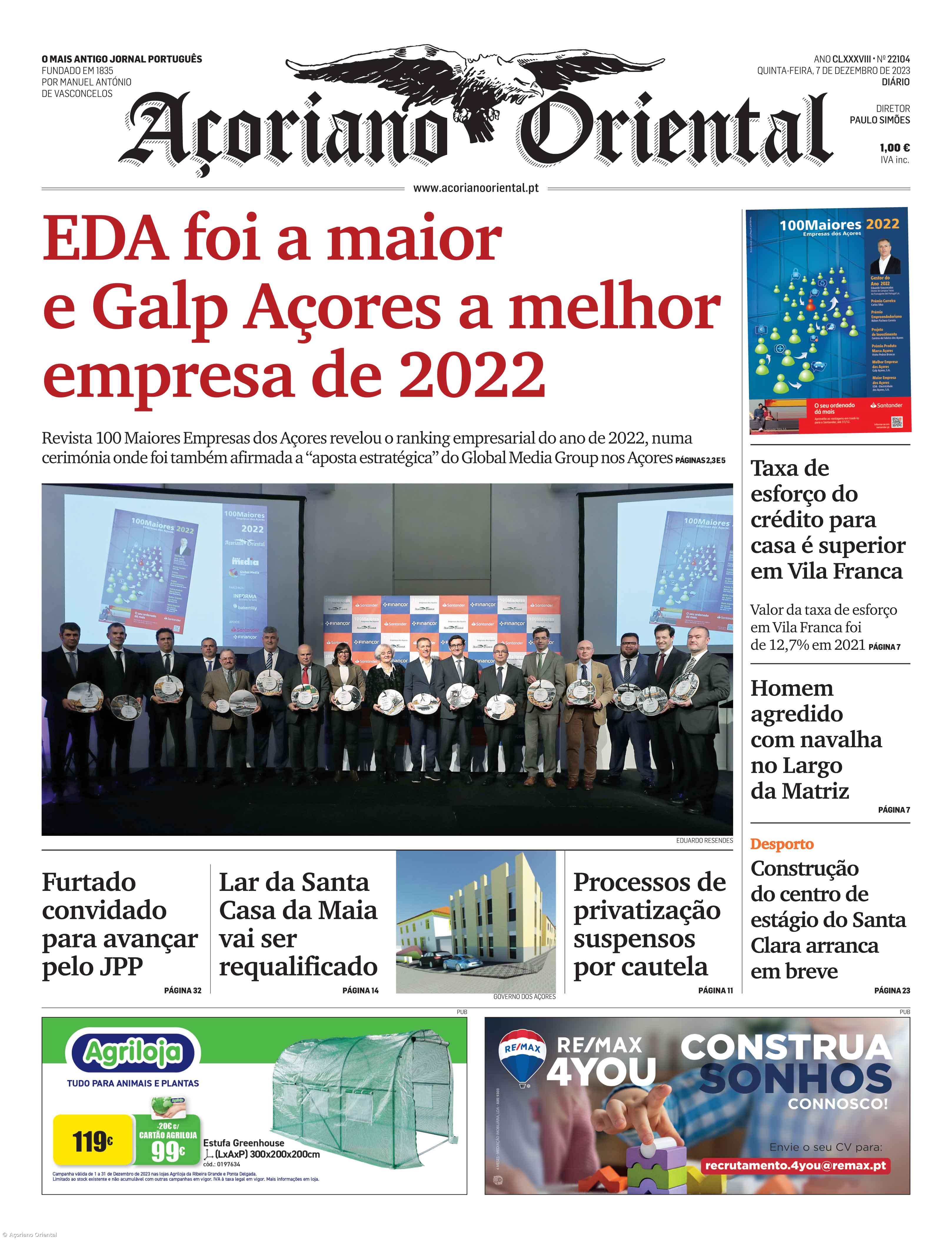 "EDA foi a maior e Galp Açores a melhor empresa de 2022" é a manchete do Açoriano Oriental – Imagem 1