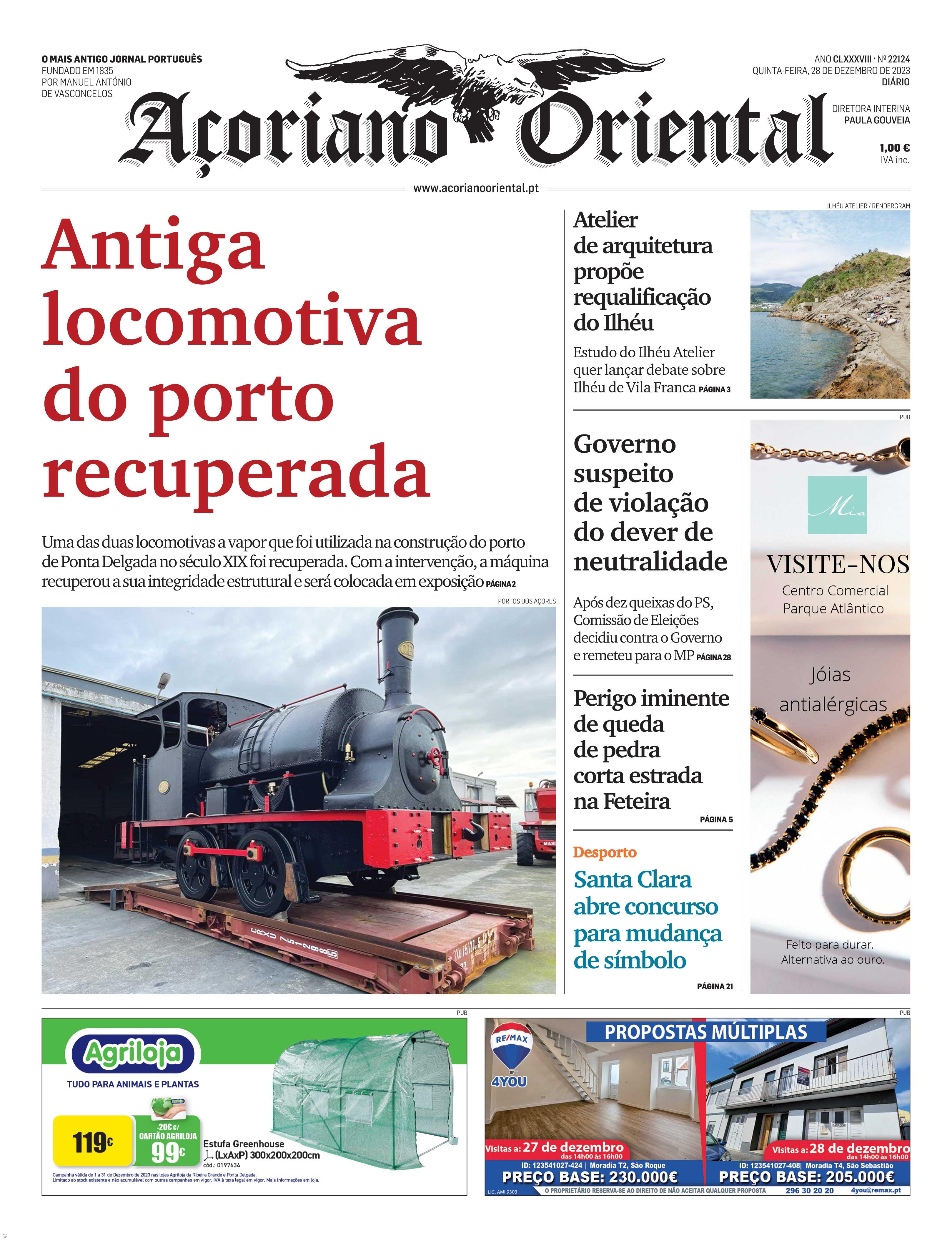 "Antiga locomotiva do porto recuperada" é a manchete do Açoriano Oriental – Imagem 1