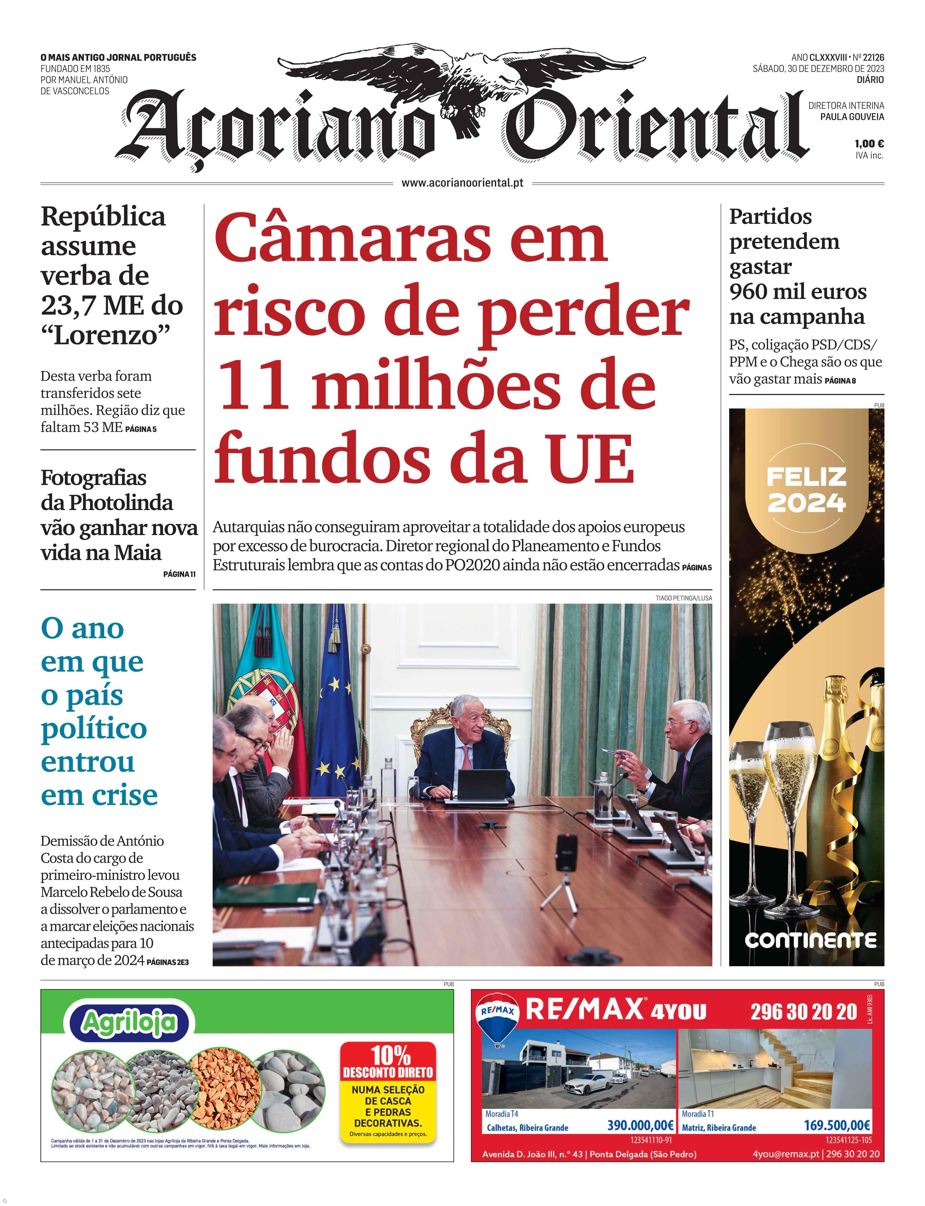 "Câmaras em risco de perder 11 milhões de fundos da UE" é a manchete do Açoriano Oriental – Imagem 1