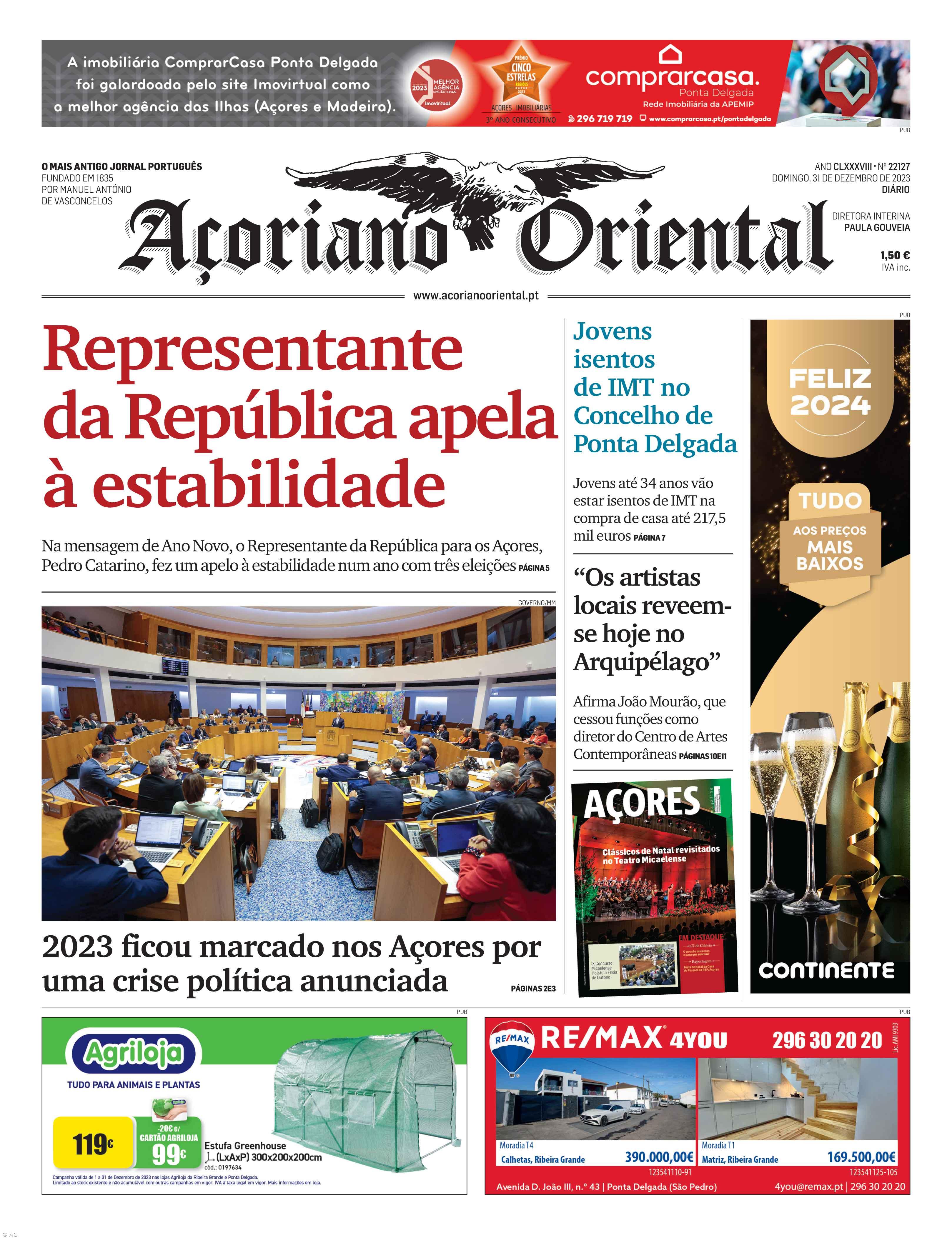 "Representante da República apela à estabilidade" é a manchete do Açoriano Oriental – Imagem 1