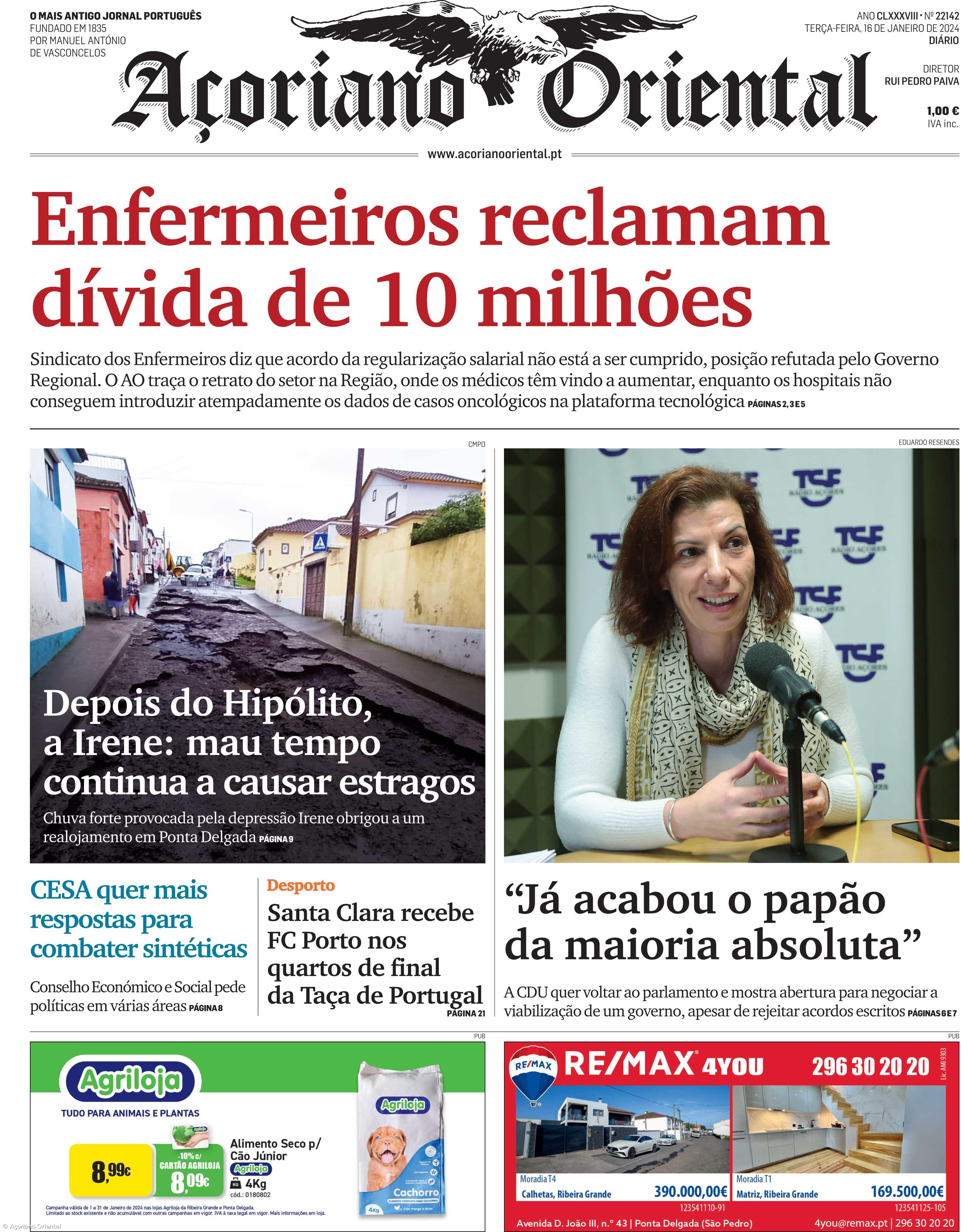 "Enfermeiros reclamam dívida de 10 milhões" é a manchete do Açoriano Oriental – Imagem 1