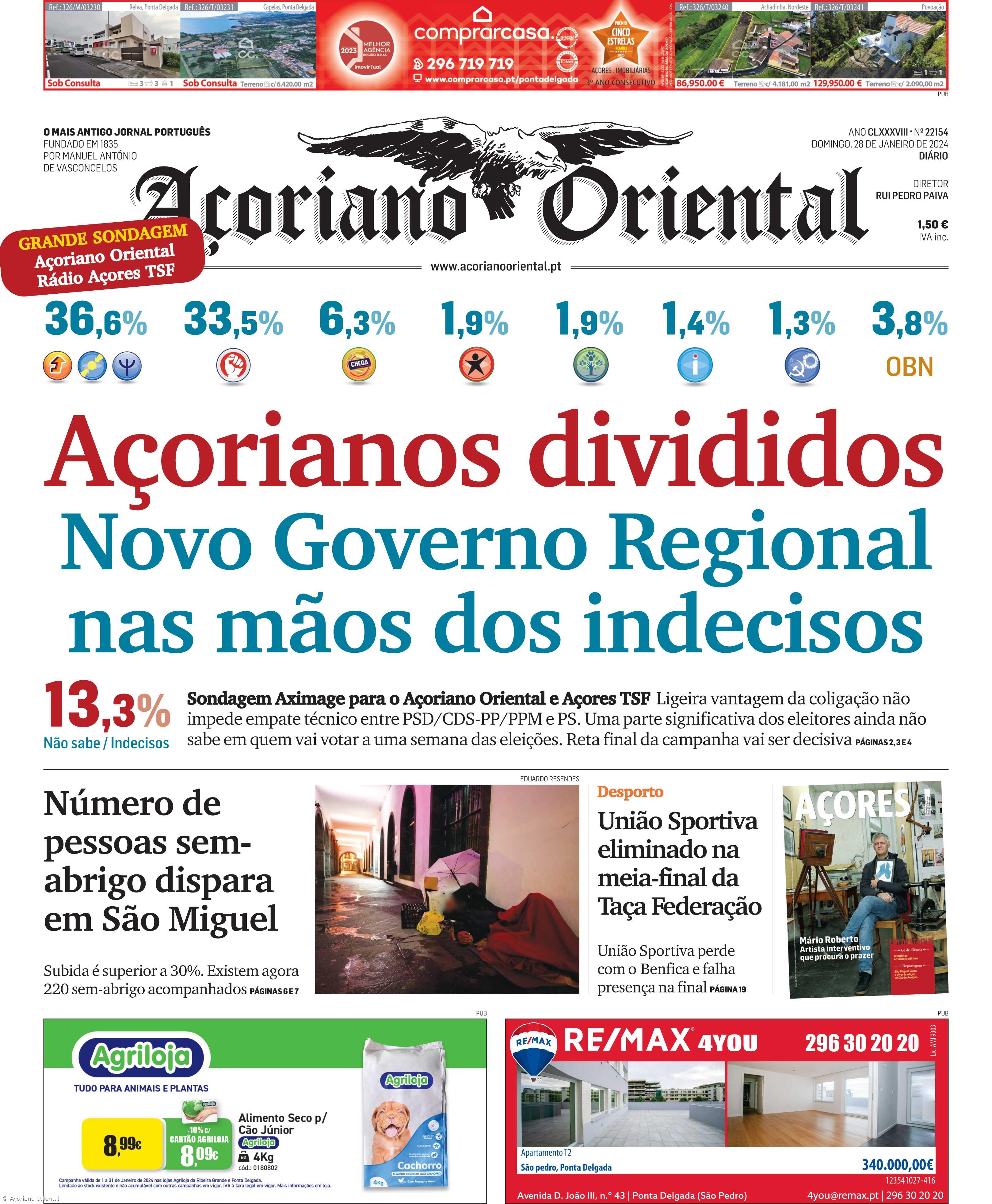 "Novo Governo Regional nas mãos dos indecisos" é a manchete do Açoriano Oriental – Imagem 1