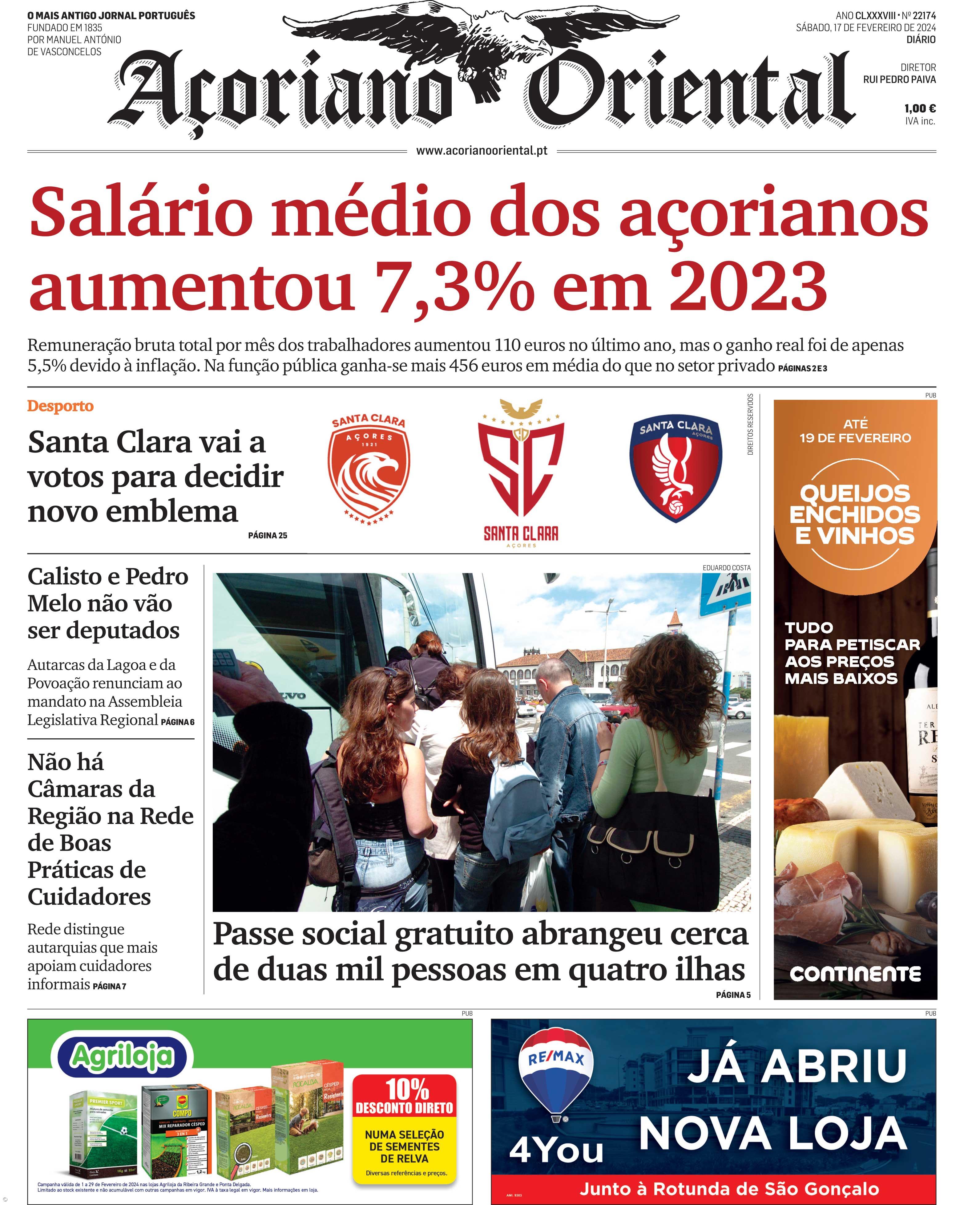 "Salário médio dos açorianos aumentou 7,3% em 2023" é a manchete do Açoriano Oriental – Imagem 1