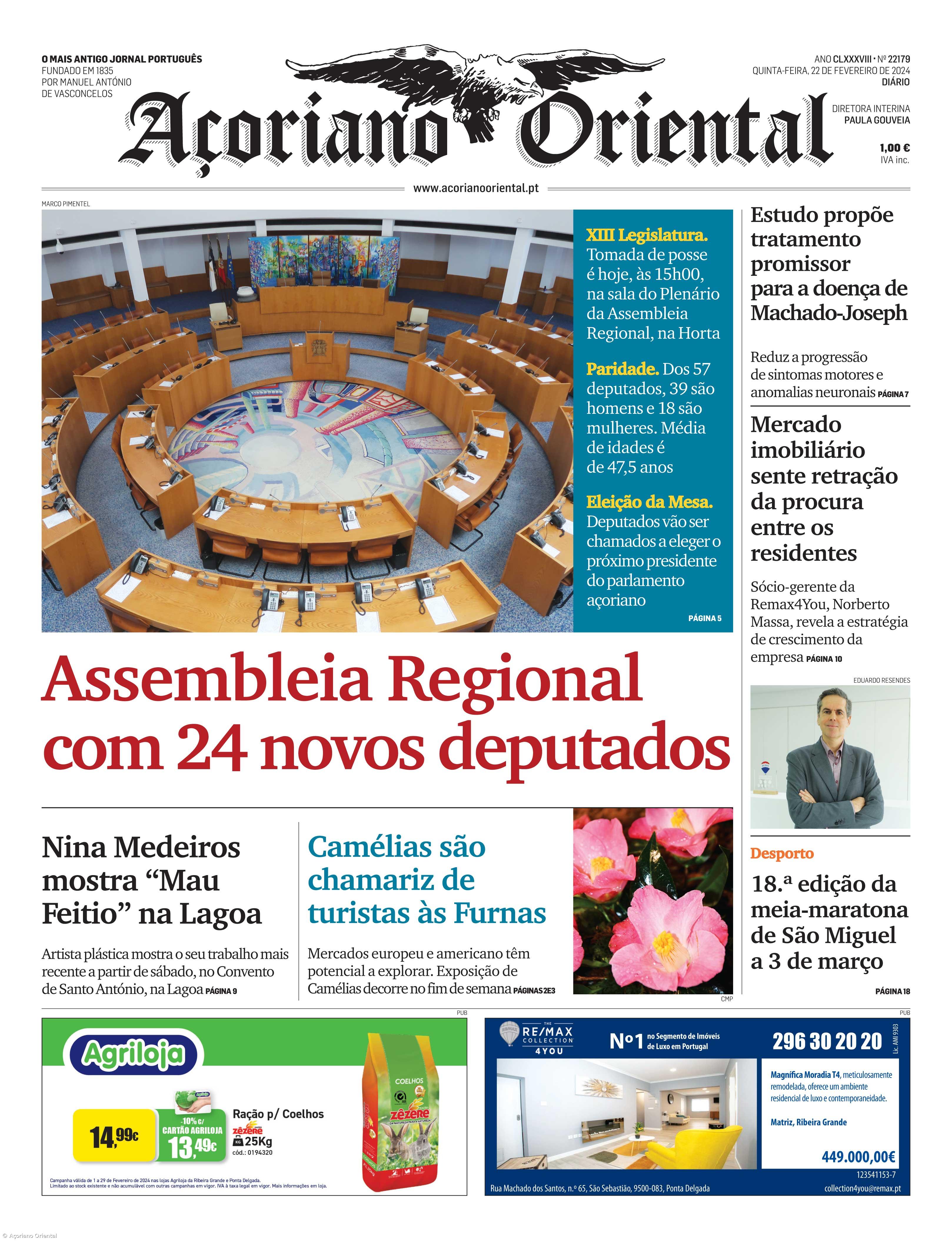 "Assembleia Regional com 24 novos deputados" é a manchete do Açoriano Oriental – Imagem 1