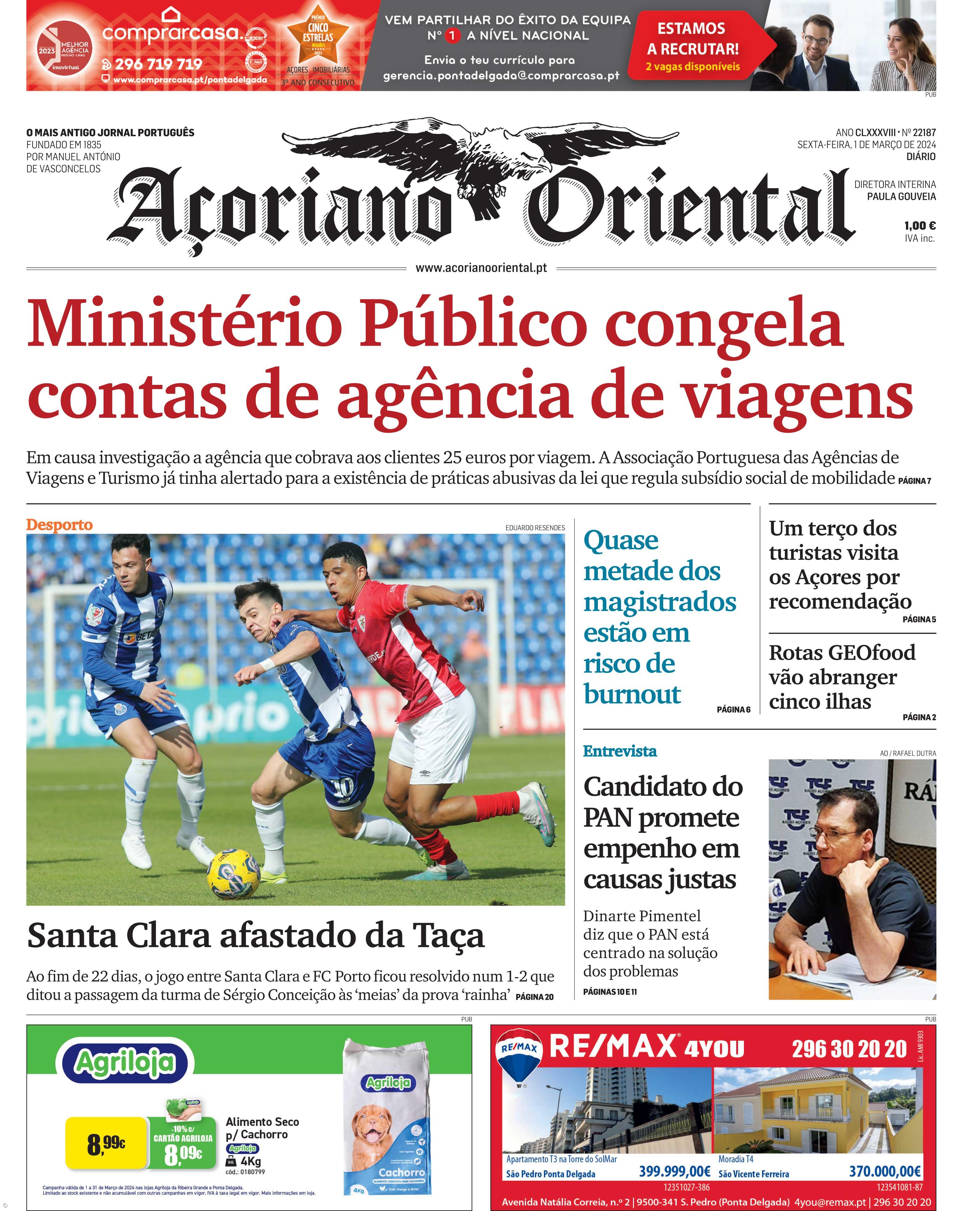 "Ministério Público congela contas de agência de viagens" é a manchete do Açoriano Oriental – Imagem 1