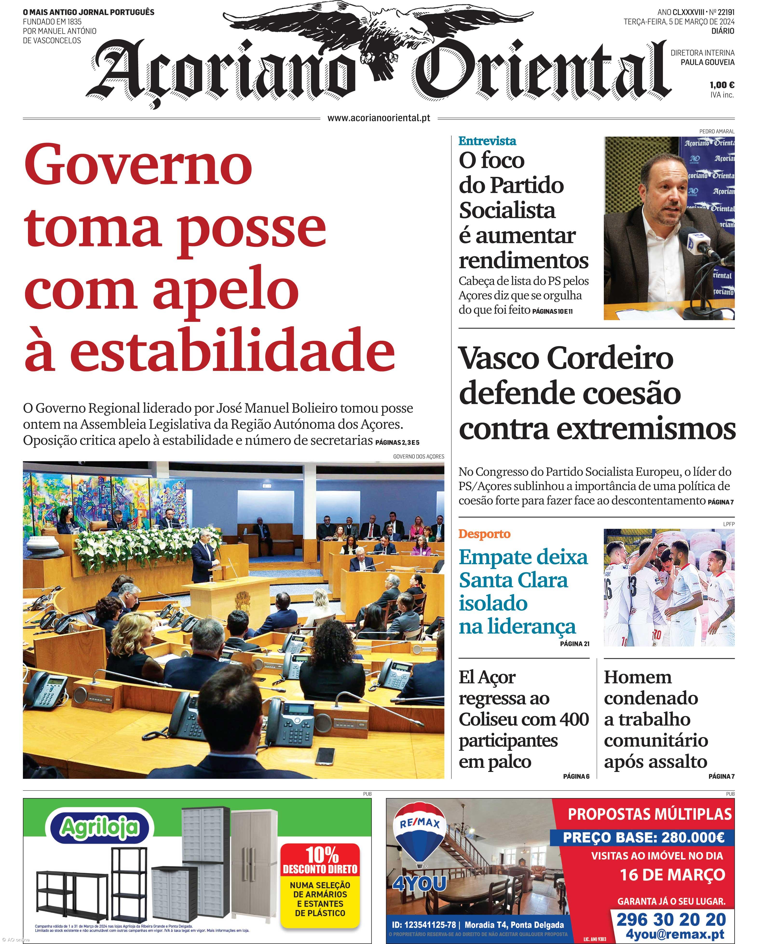 "Governo toma posse com apelo à estabilidade" é a manchete do Açoriano Oriental – Imagem 1