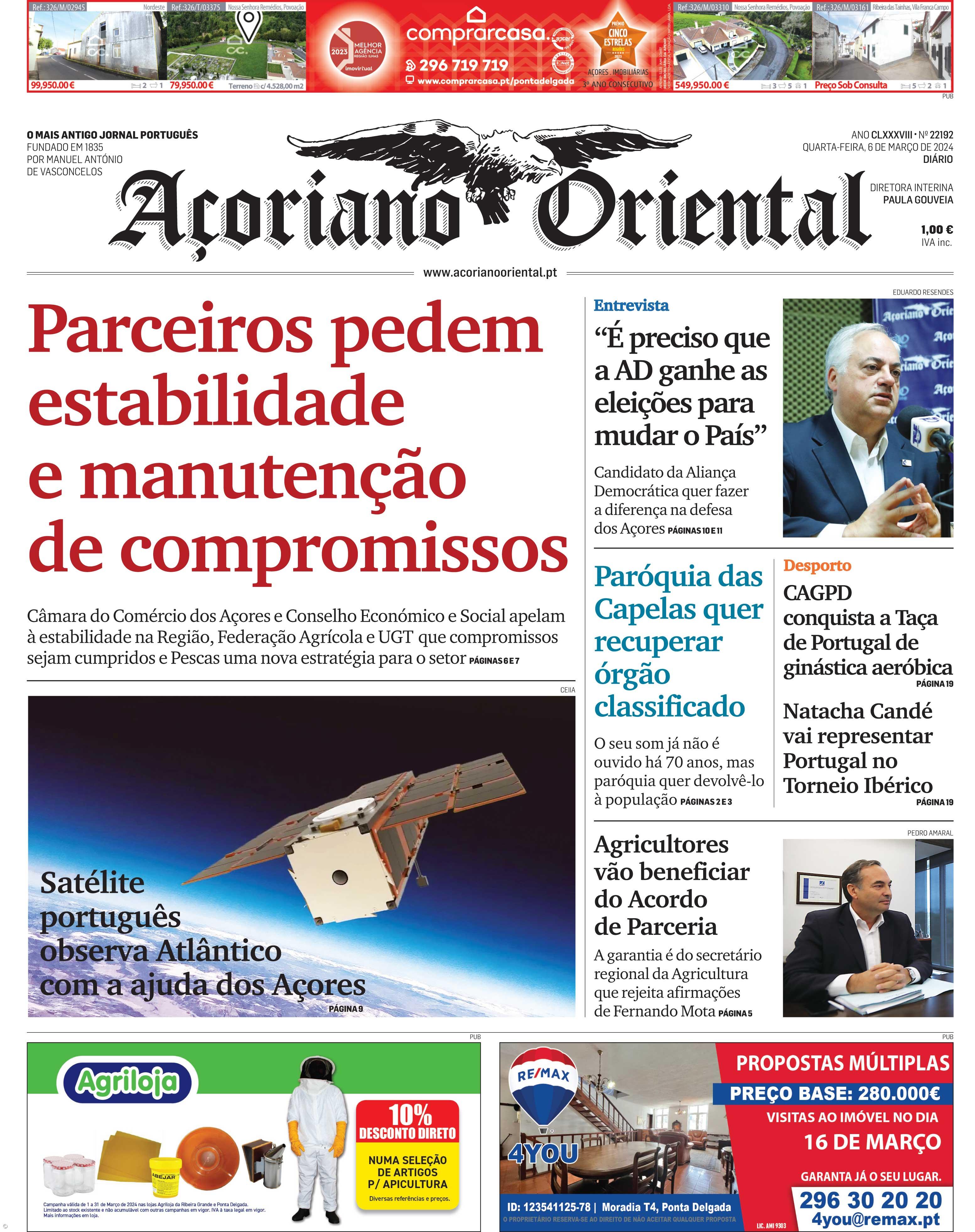 "Parceiros pedem estabilidade e manutenção de compromissos" é a manchete do Açoriano Oriental – Imagem 1