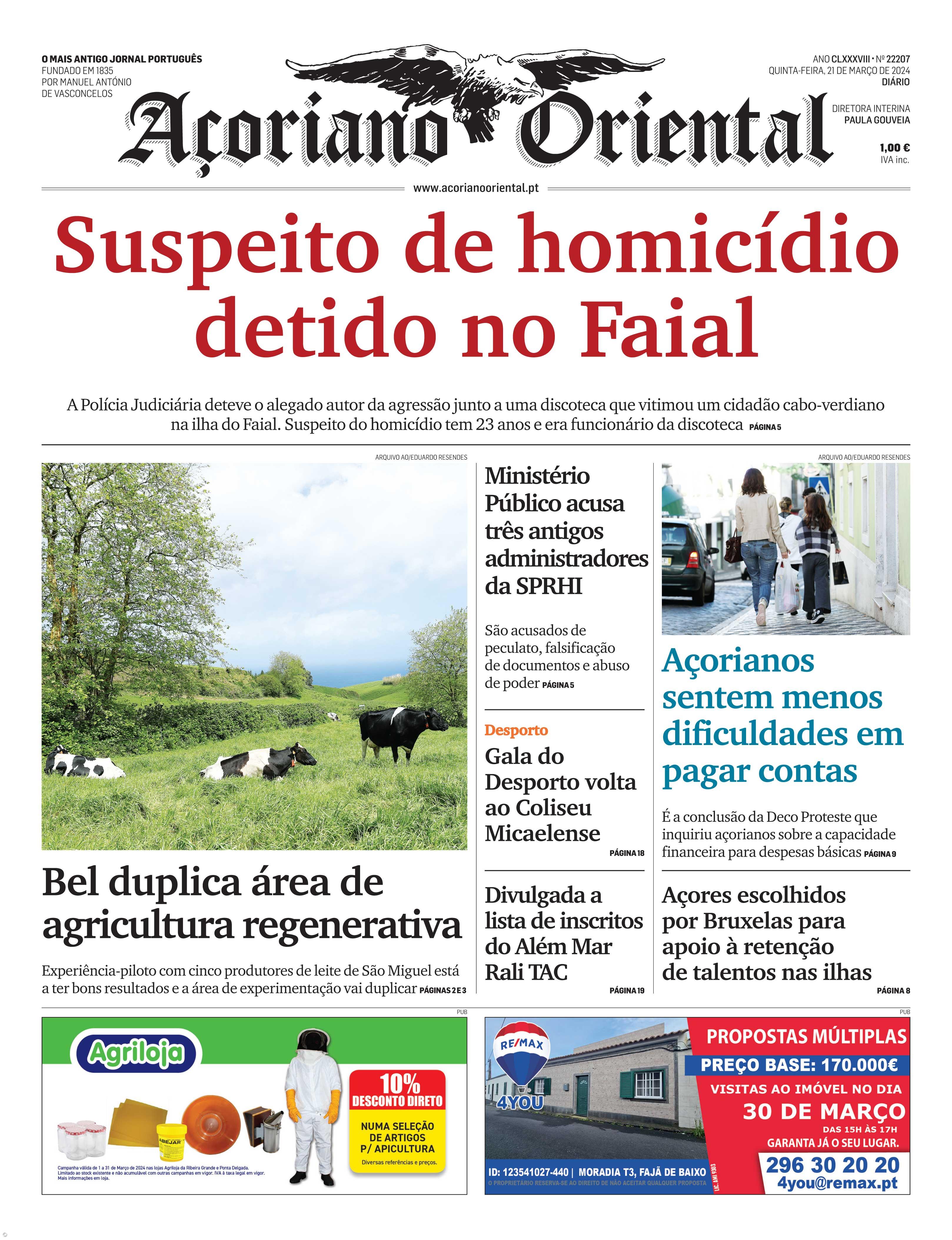 "Suspeito de homicídio detido no Faial" é a manchete do Açoriano Oriental – Imagem 1