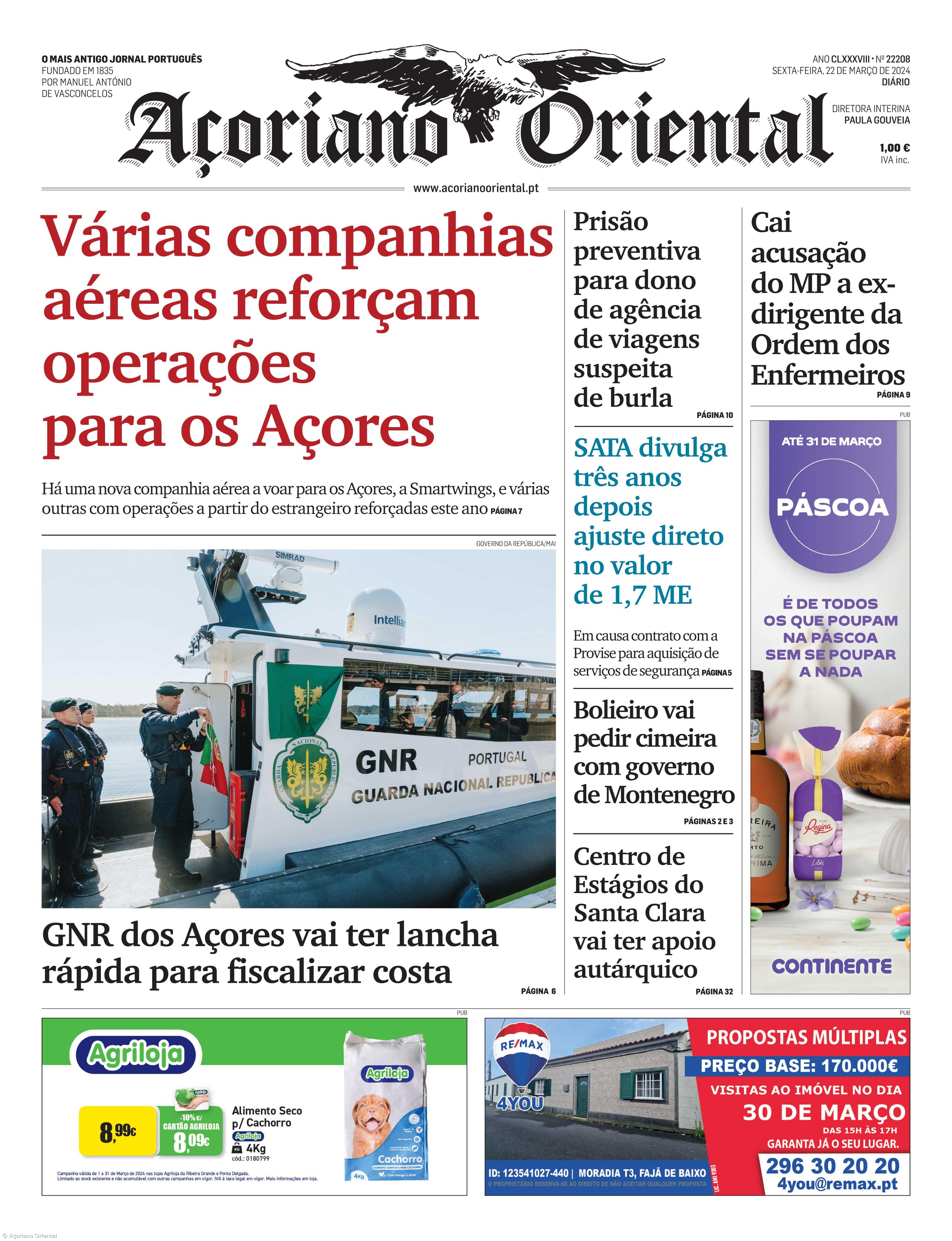 "Várias companhias aéreas reforçam operações para os Açores" é a manchete do Açoriano Oriental – Imagem 1