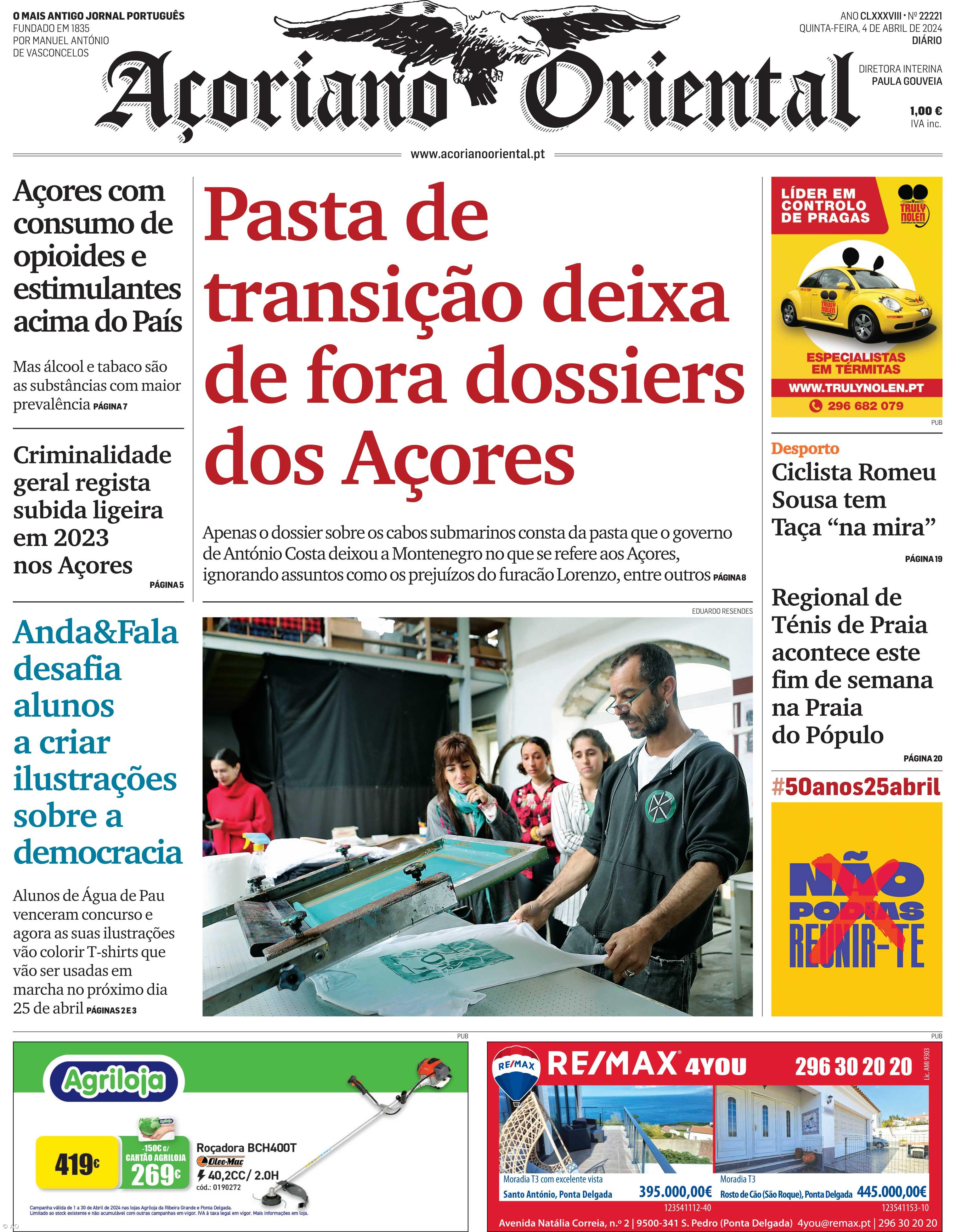 "Pasta de transição deixa de fora dossiers dos Açores" é a manchete do Açoriano Oriental – Imagem 1
